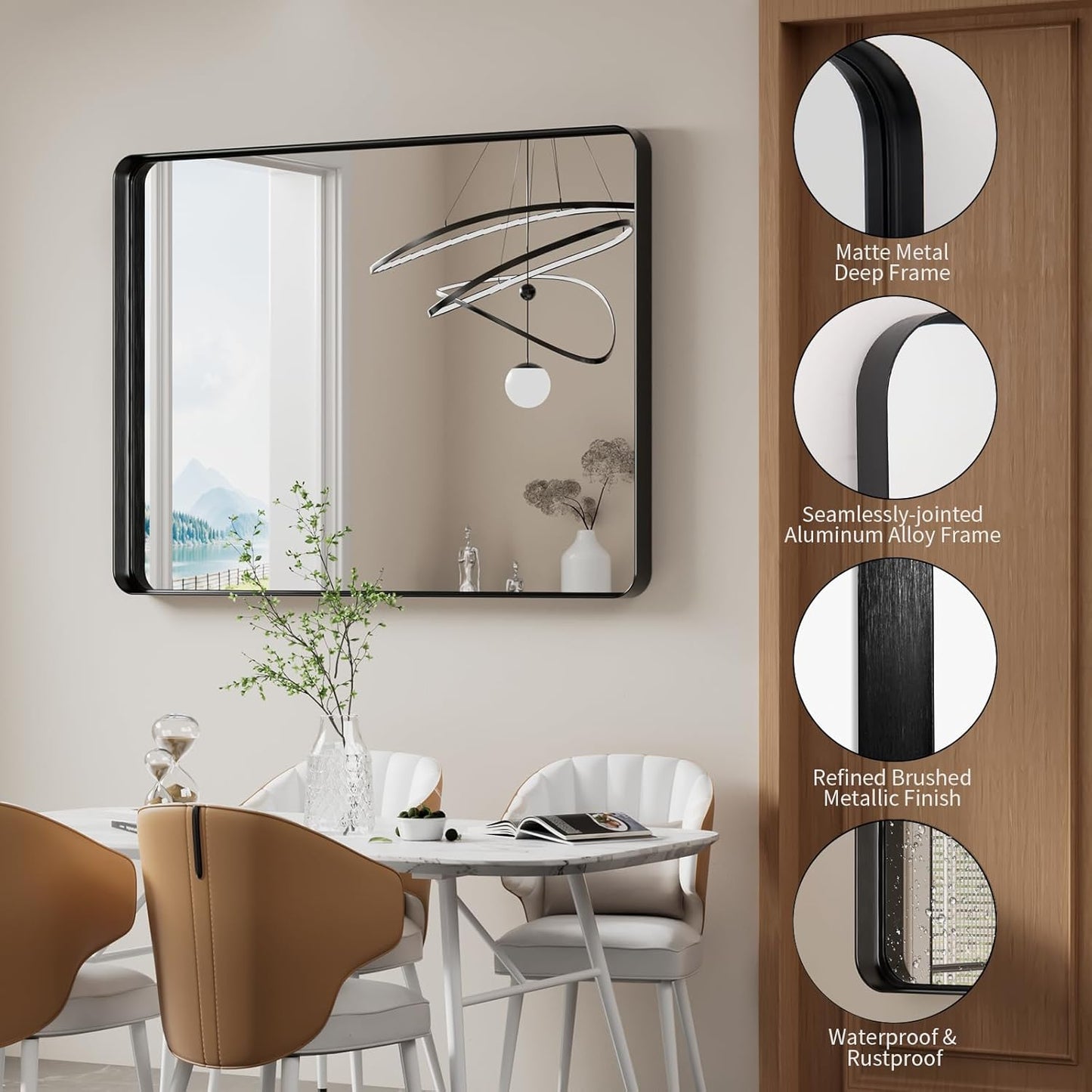 Koonmi Black Bathroom Mirror for Wall, 36x48 Inch Matte Metal Deep Framed Rounded Corner Wall Mirror, Shatterproof Tempered Glass for Farmhouse Bedroom Entryway, Vertically or Horizontally