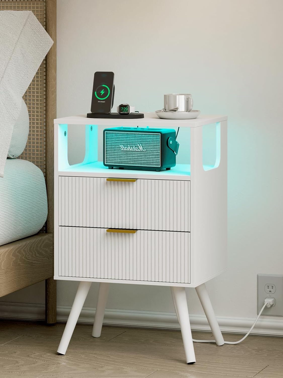 Nightstand, Modern Bedside Table with 2 Storage Drawer and Open Wood Shelf for Bedroom and Small Spaces, Night Stand with Solid Wood Legs (White-Outlet)