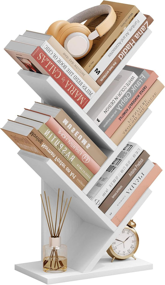 Hoctieon 4 Tier Tree Bookshelf, 4 Shelf Bookcase, Free Standing Tree Bookcase, Display Floor Standing Shelf for Books, Book Organizer Shelves for Home Office, Living Room, Bedroom, White