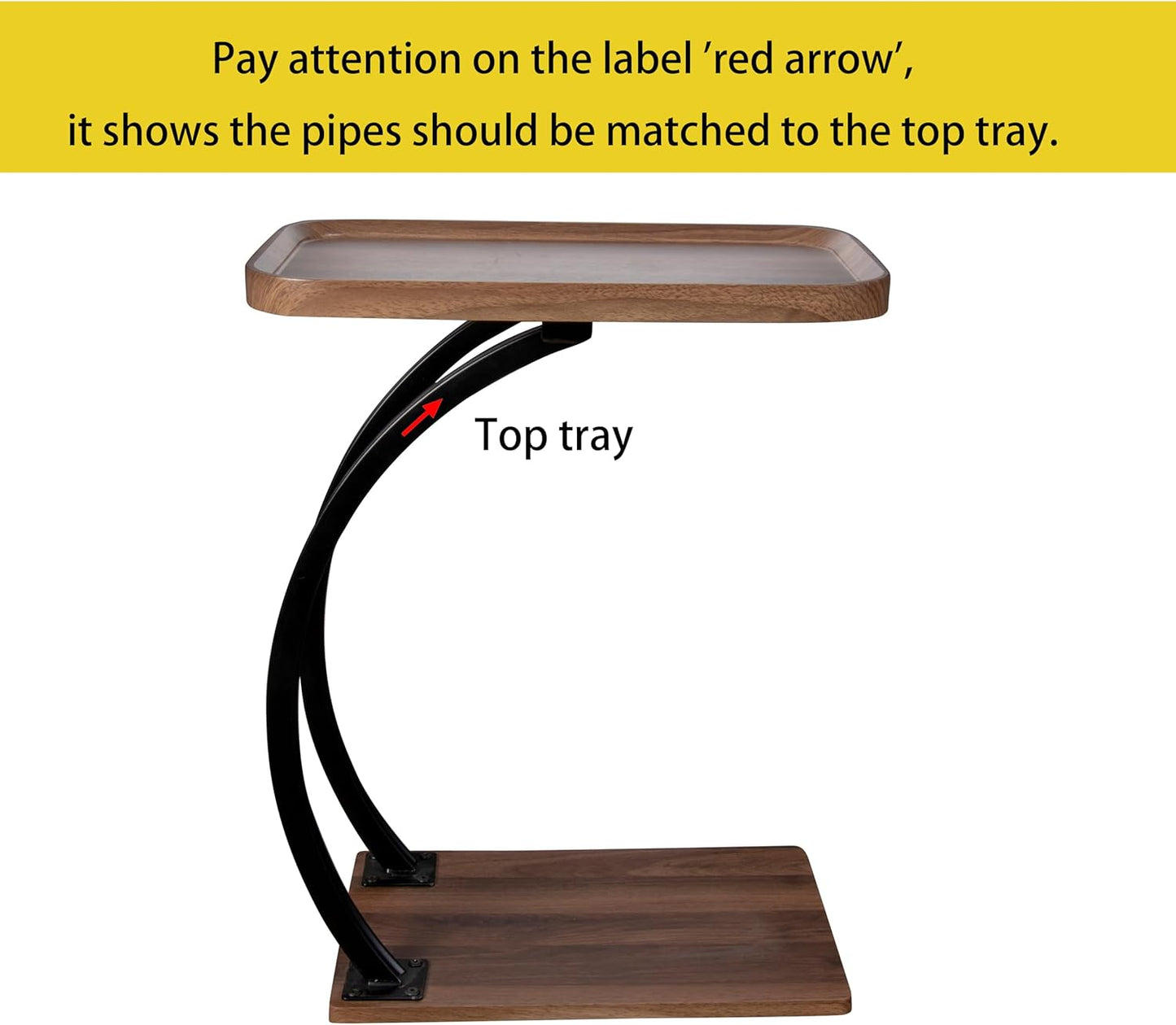 C Shaped 2tier Large Tray Wood top Heavy Duty Side end Table Large TV Tray for Couch Sofa Double Bent Tubes 2