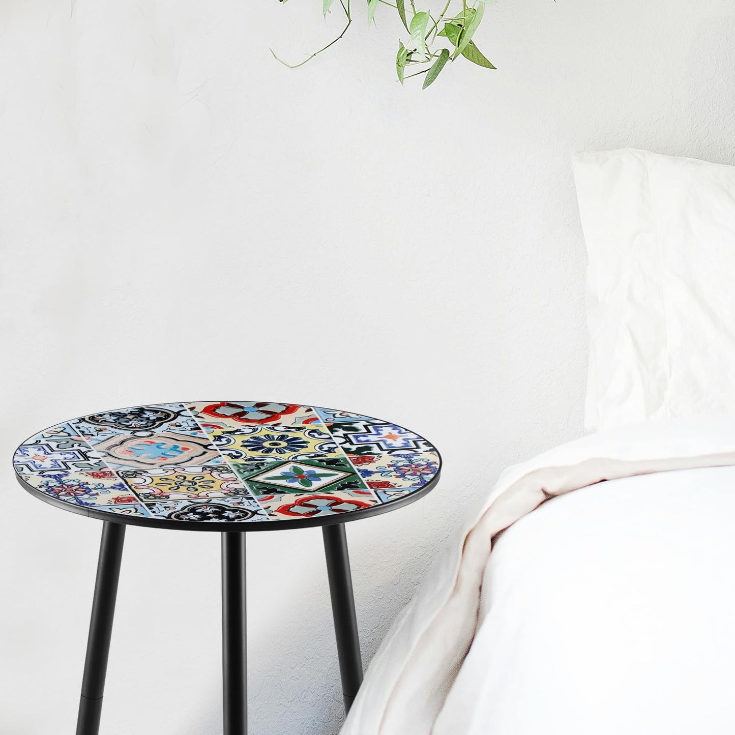 2 Packs Metal Mosaic Round Side Tables 13.4" Small Outdoor Patio Round Accent Coffee Tables Indoor Corner Stand for Small Spaces Weather-Resistant for Balcony, Porch Plant Stands Indoor, Mixed Mosaic