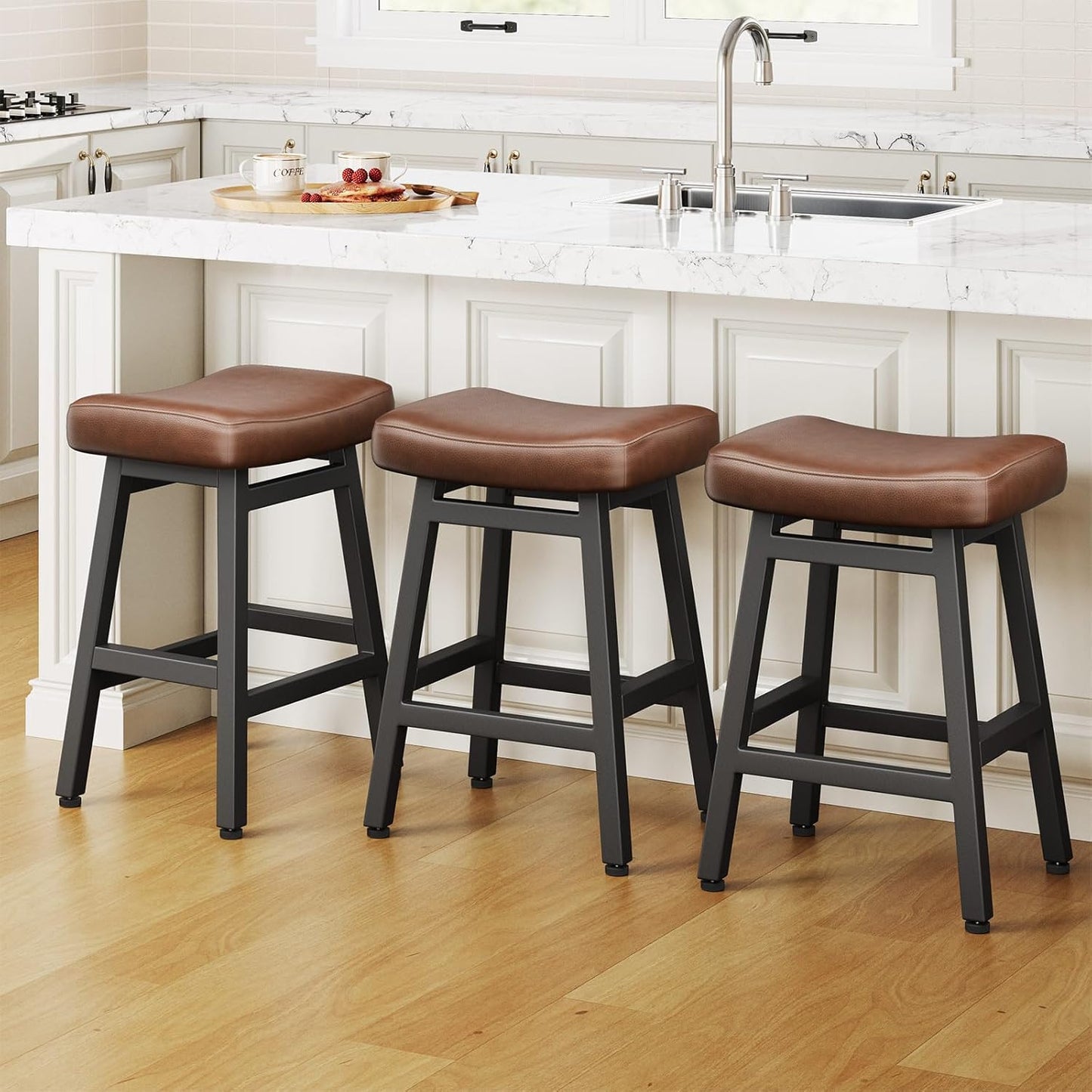 Counter Height Bar Stools Set of 3, 24 Inch Barstools for Kitchen Counter, Kitchen Stools with Bonded Leather Saddle Seats & Heavy Duty Metal Legs, Easy Assembly, Brown/Black