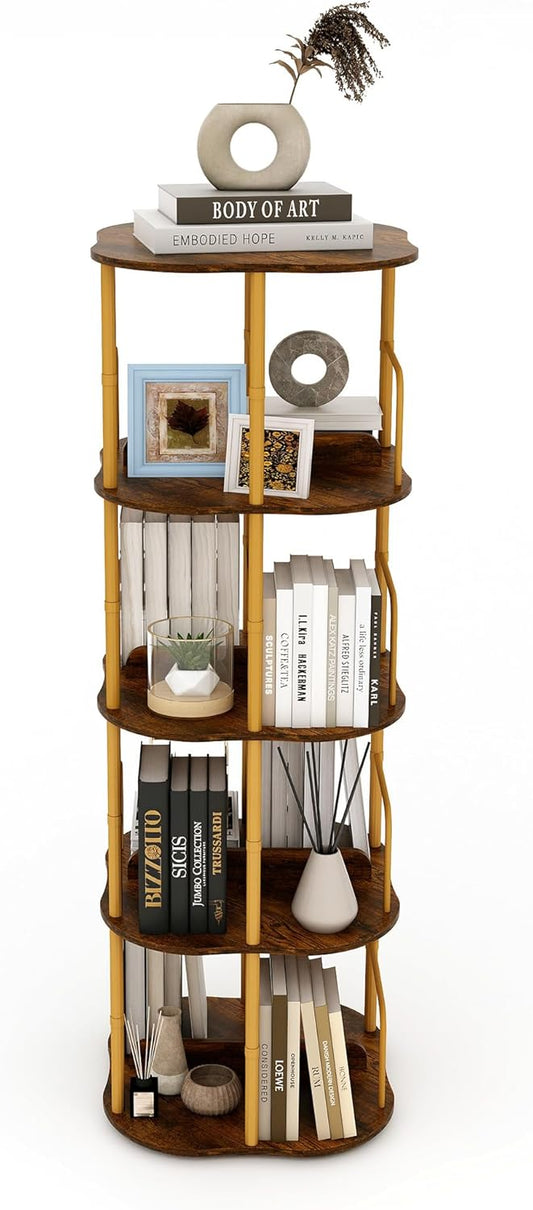 4-Tier Rotating Bookshelf, 360 ° Display Stackable Spinning Bookshelf Tower, Narrow Space Saving Tall Floor Standing Swivel Bookcase Corner Organizer for Bedroom, Living Room, Gold