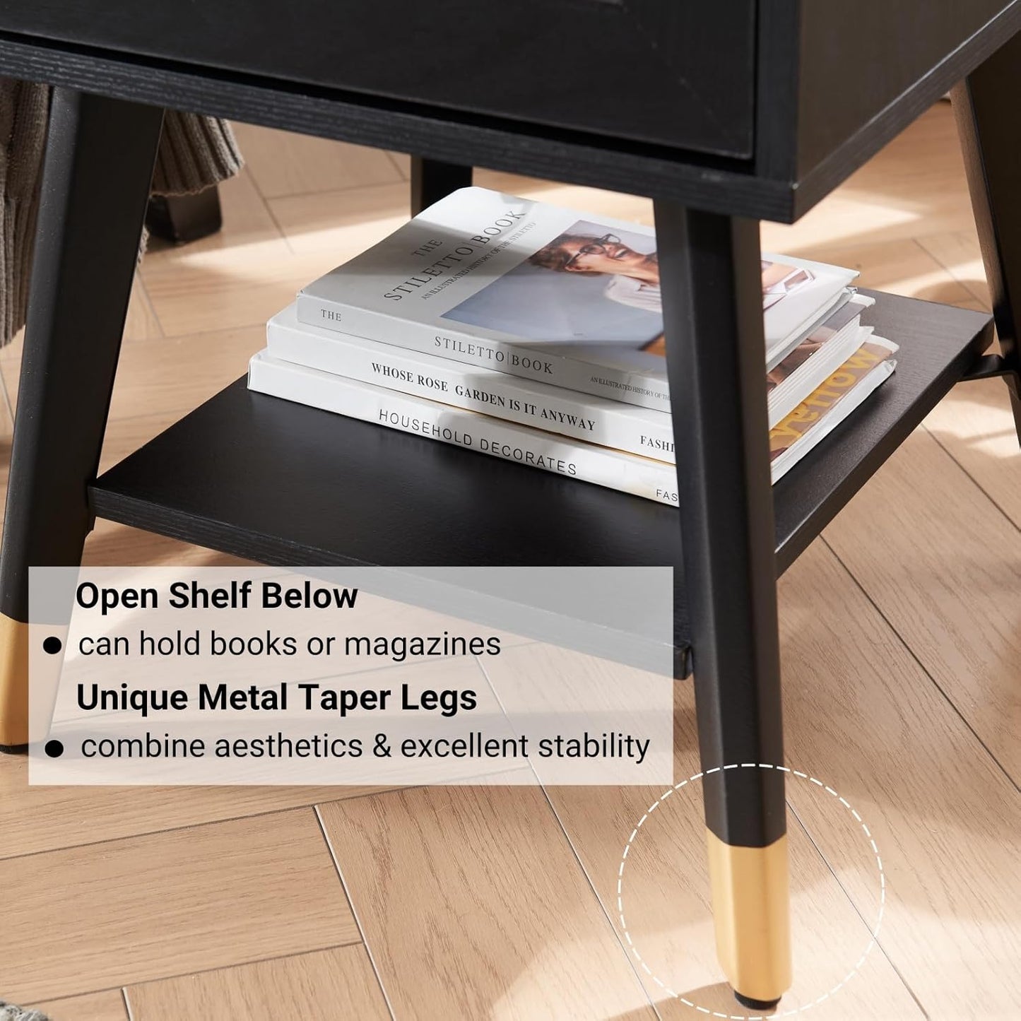 Modern Style Side Table, Small End Table with Drawer and Shelf for Living Room, Square Wooden Nightstand, Black