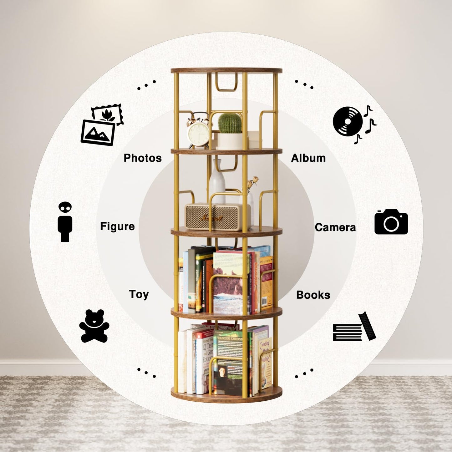 4 Tier Rotating Bookshelf, 360 Display Spinning Corner Bookshelf, Space Saving Metal Frame Bookcase for Living Room, Office, Bedroom, Gold