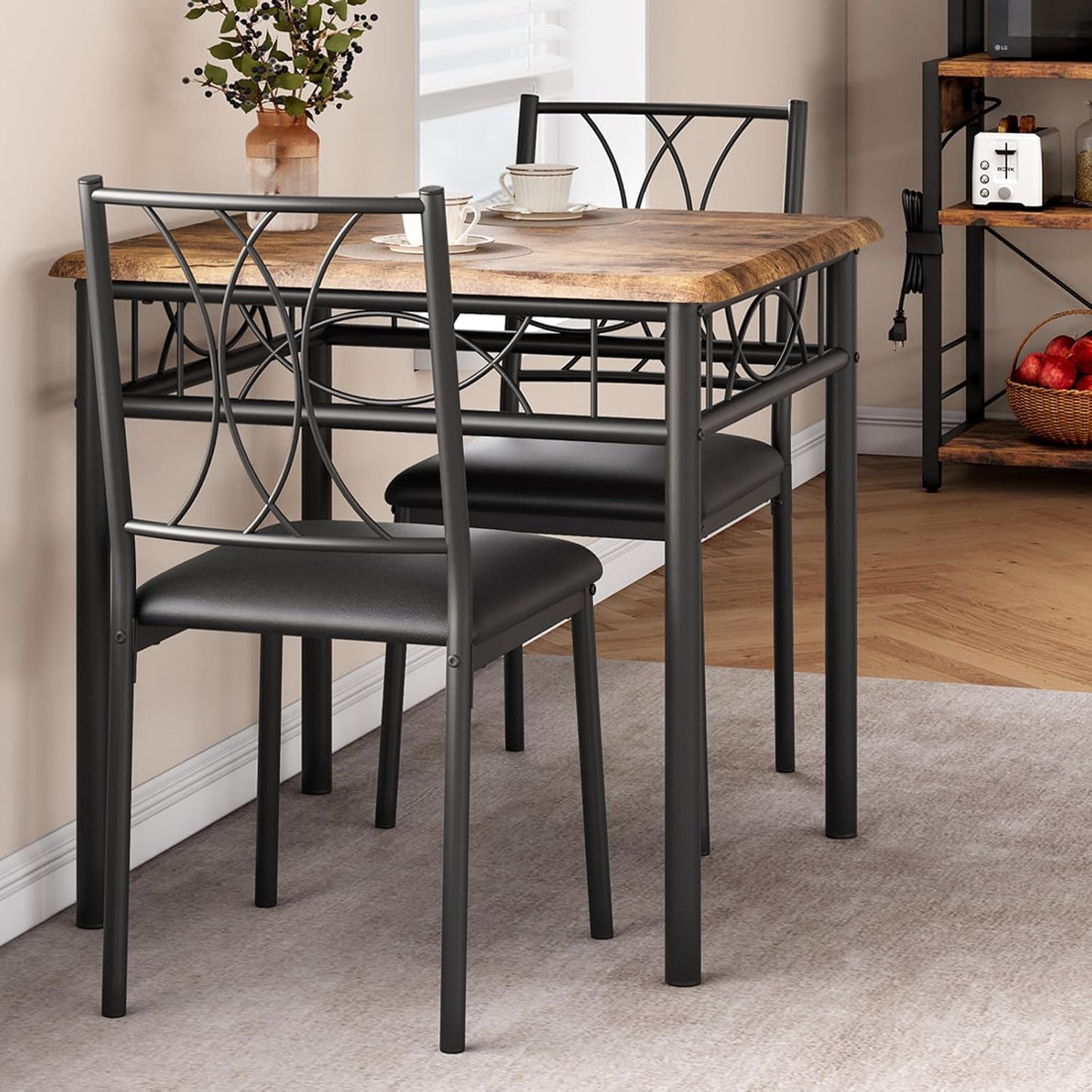 GarveeHome Small Dining Table Set for 2, Square Table and Chairs Set of 2, 3 Piece Kitchen Table Set of 2 with Upholstered Chairs, Dinner Table Set for 2 for Small Spaces, Apartment, Rustic Brown