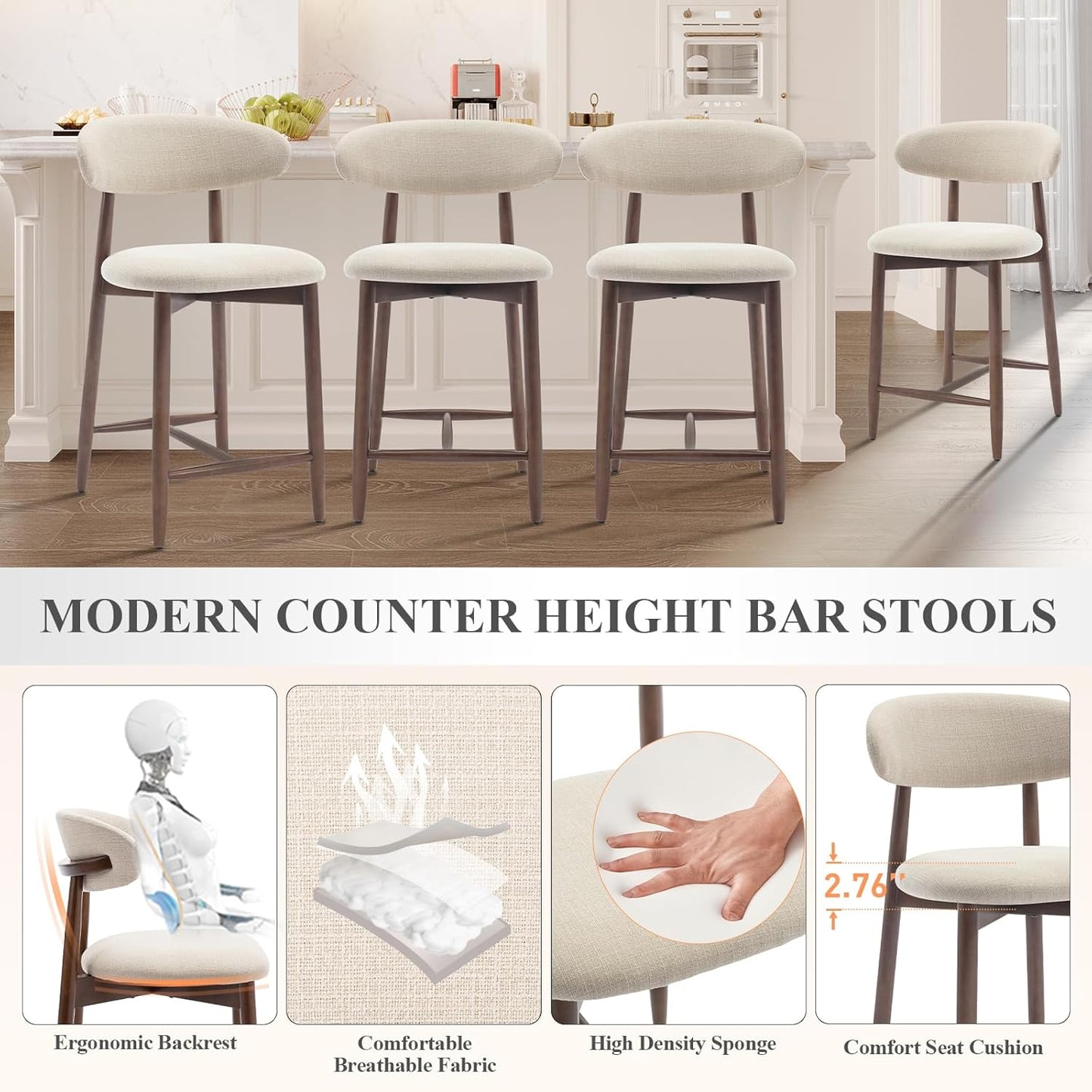 COLAMY Counter Height Bar Stools Set of 3, Upholstered Barstools with Back, Mid Century Modern Stools with Wood Legs for Kitchen Island Dining Room, Beige