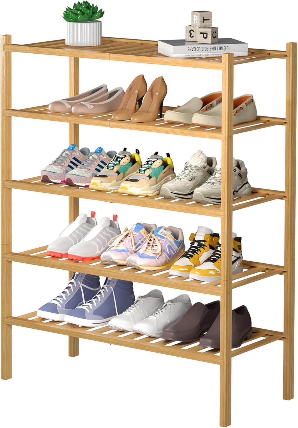 5 Tier Bamboo Shoe Rack for Closet Free Standing Wood Shoe Shelf for Entryway Small Space Stackable 27"x11"x33" (Natural)
