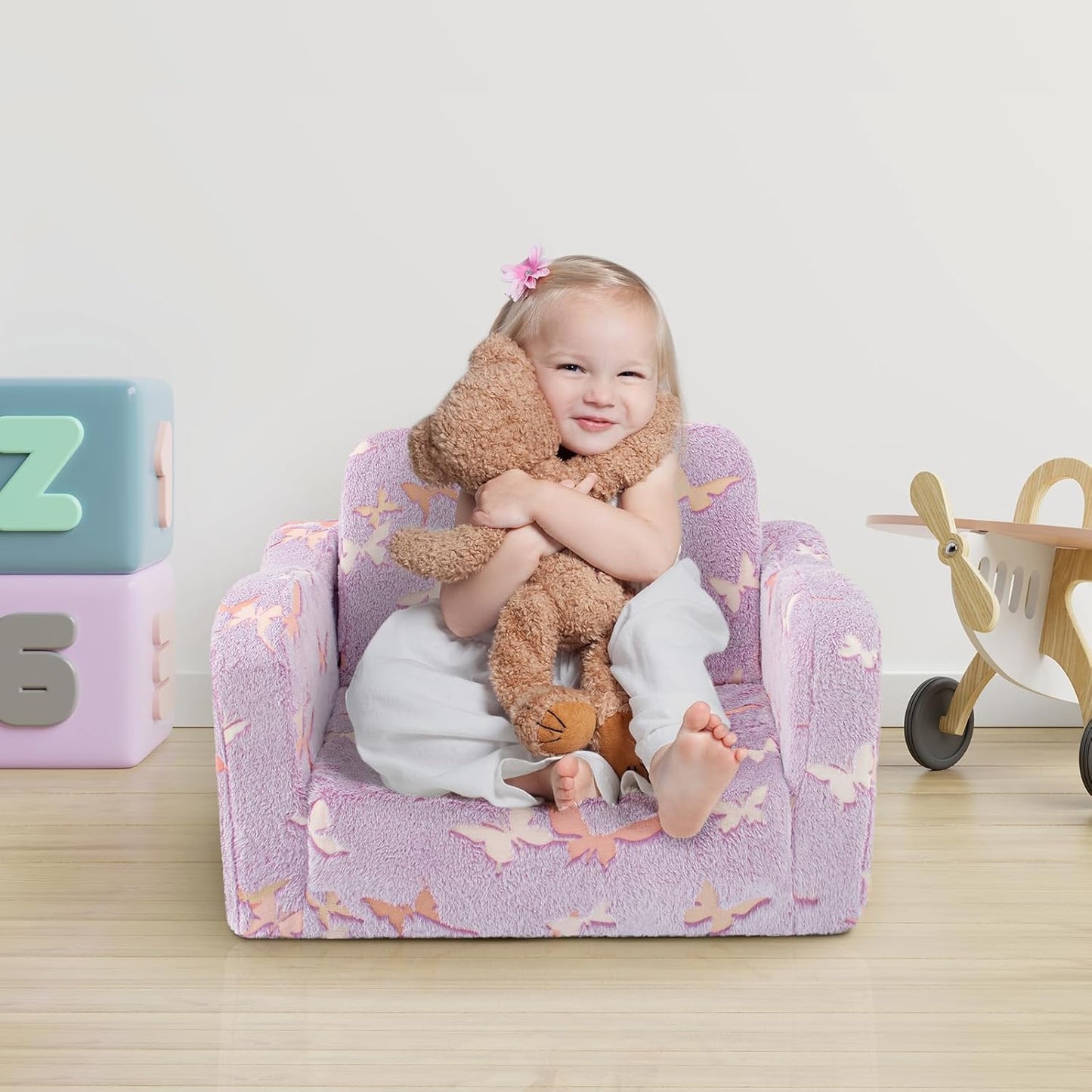 Kids Toddler Chair, 2-in-1 Toddler Couch Fold Out, Convertible Chairs for Toddlers Comfy Sofa to Lounger with Glow in The Dark Feature, Soft for Girls and Boys, Glowing Butterfly