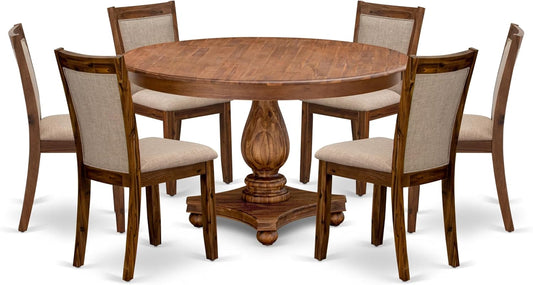 F2MZ7-50N-04 7-Pc Wooden Dining Set Includes a Pedestal Table and 6 Light Tan Polyester Parson Chairs with Padded Back - Antique Walnut