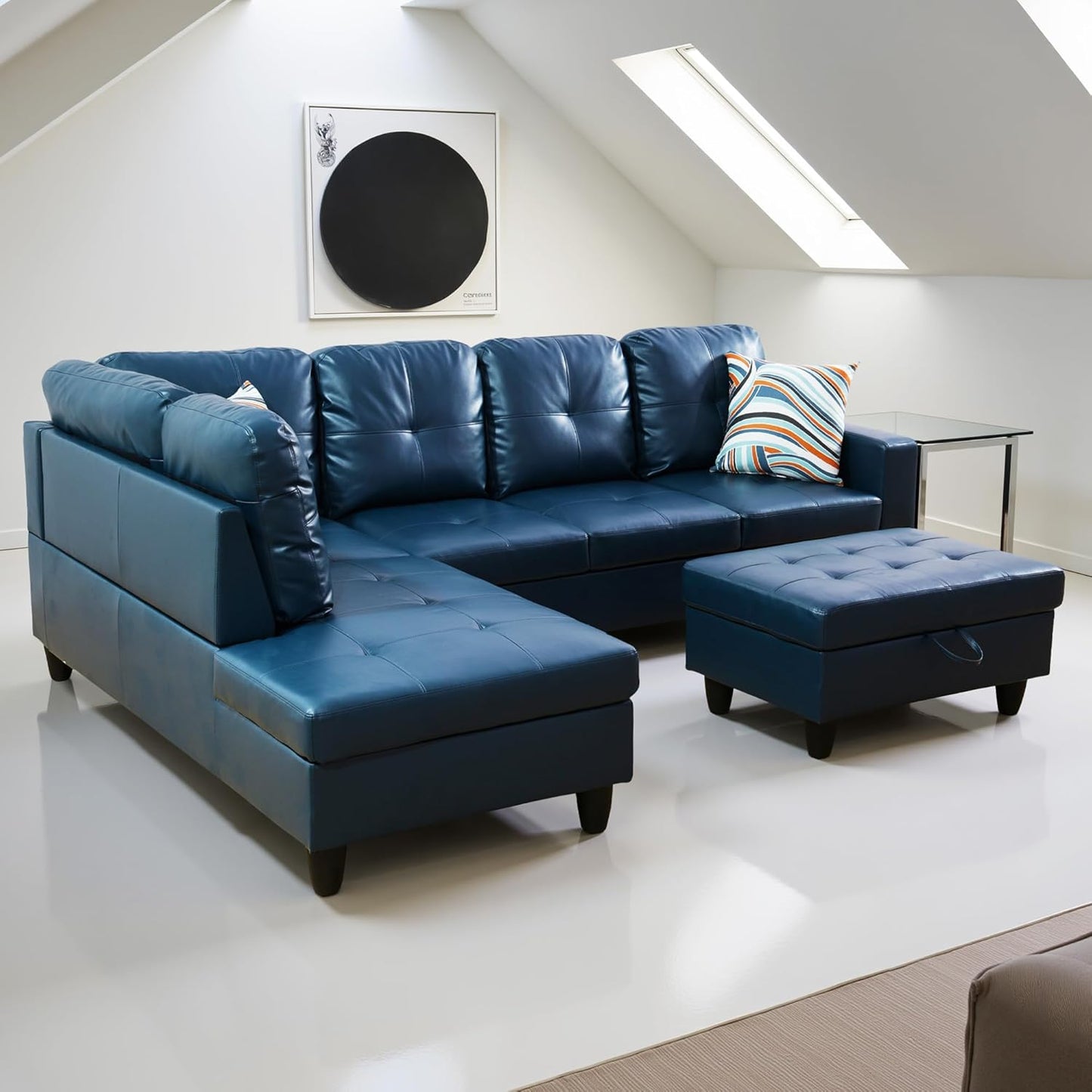 L Shaped Couch PU Leather Sectional Couch Upholstered 3 Pieces Sofas for Living Room with Chaise, Storage Ottoman for Office and Small Apartment, Peacock Blue