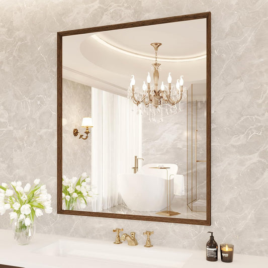 Rectangle Bathroom Mirror 30x36 Inch, Walnut Wood Grain Framed, Anti-Rust & 4mm Tempered Glass, Horizontal/Vertical Hanging Vanity Mirror for Bathroom & Bedroom