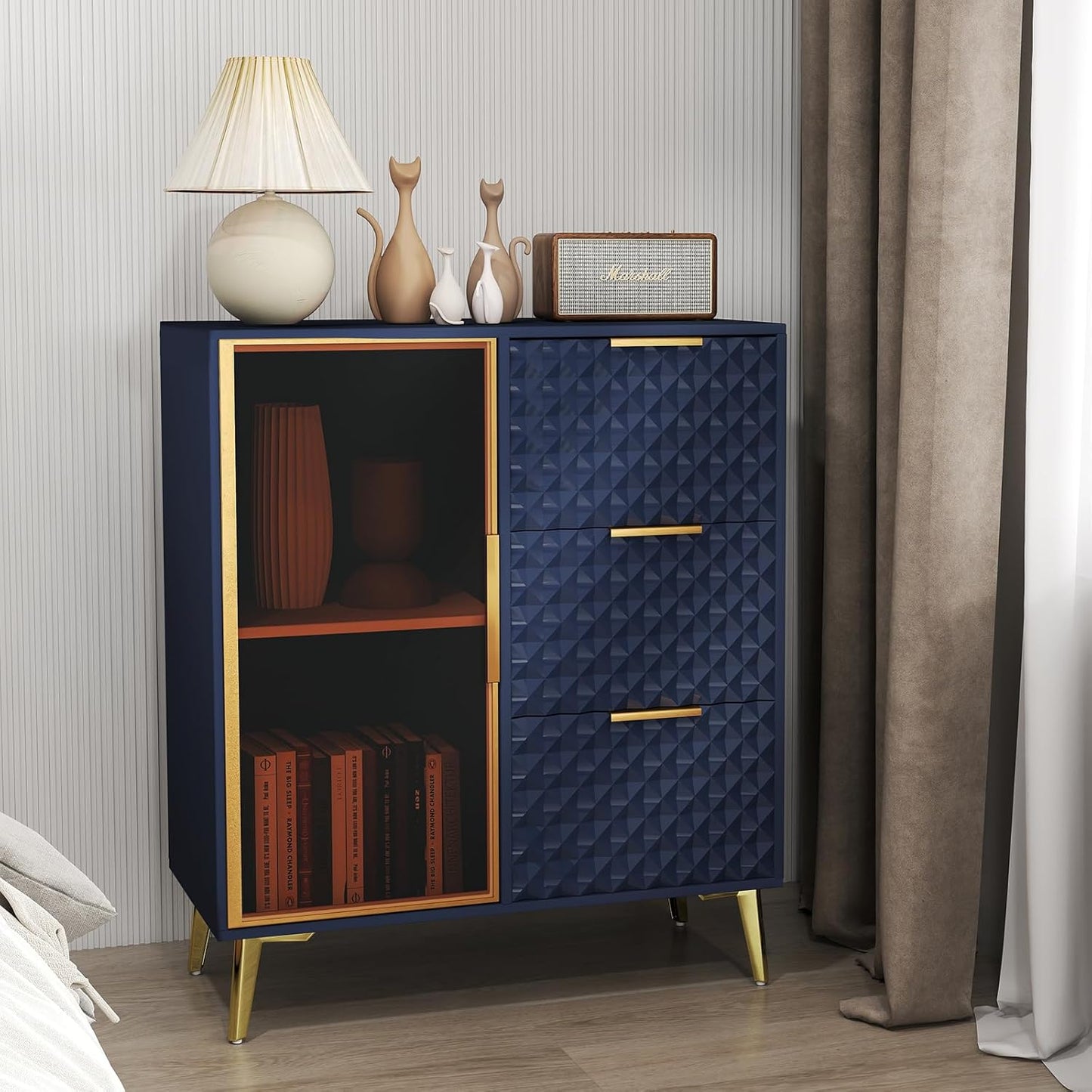 Rovibek Modern Sideboard Cabinet with Storage, Small Kitchen Buffet Cabinet with Glass Door & 3 Drawers, 31" Accent Sideboard Buffet for Kitchen, Living Room, Blue