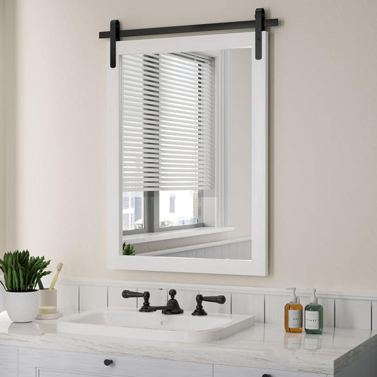 Farmhouse Mirror for Bathroom, White Rustic Vanity Mirror Wood Framed Decrative Mirrors, Barn Door Style Decor Entryway Bedroom 22x30INCH Horizontal