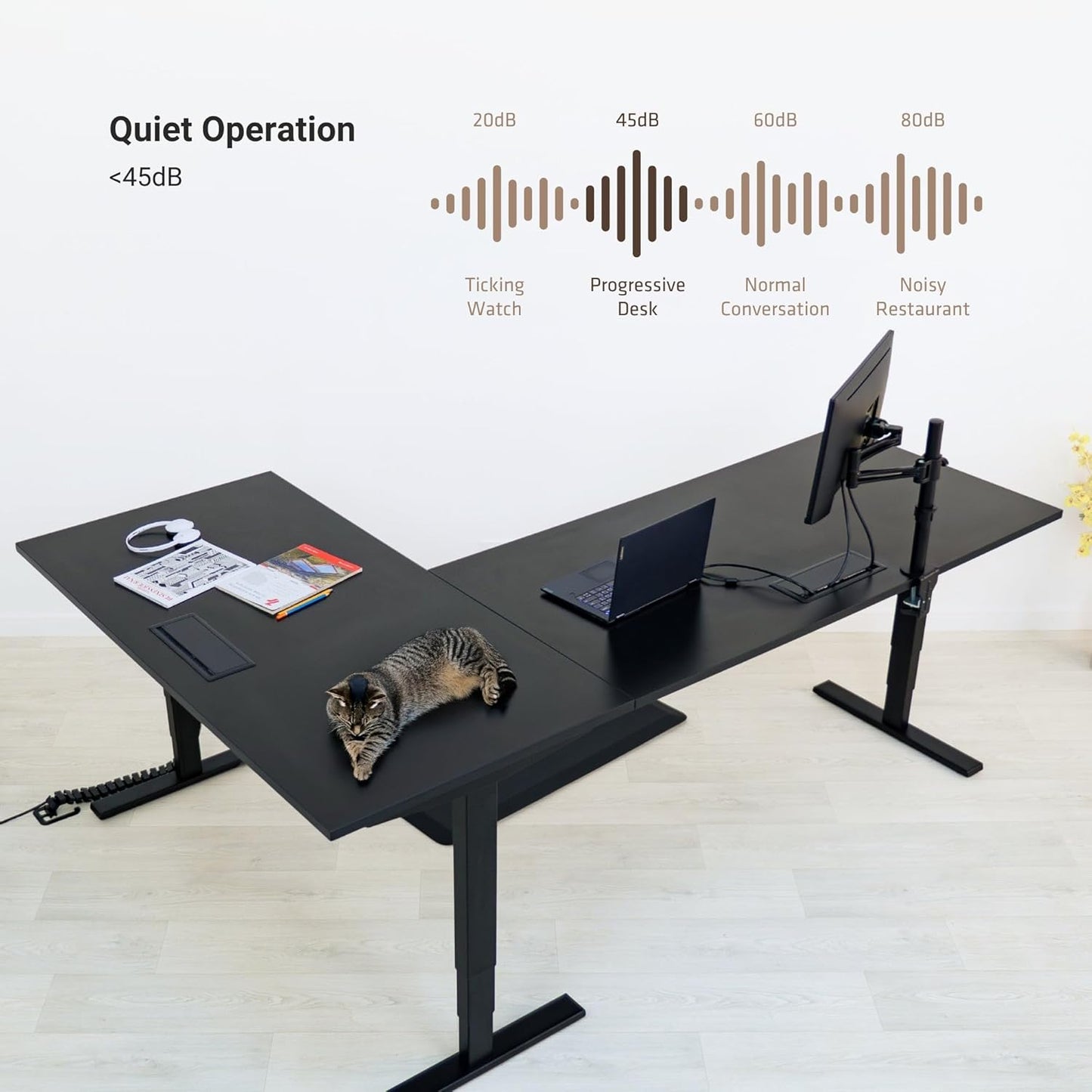 Progressive Desk Stand Up Height Adjustable Electric Standing Desk - L Shaped 60" x 72" Corner Computer Rising Workstation Table - Black Frame, Roasted Walnut Top