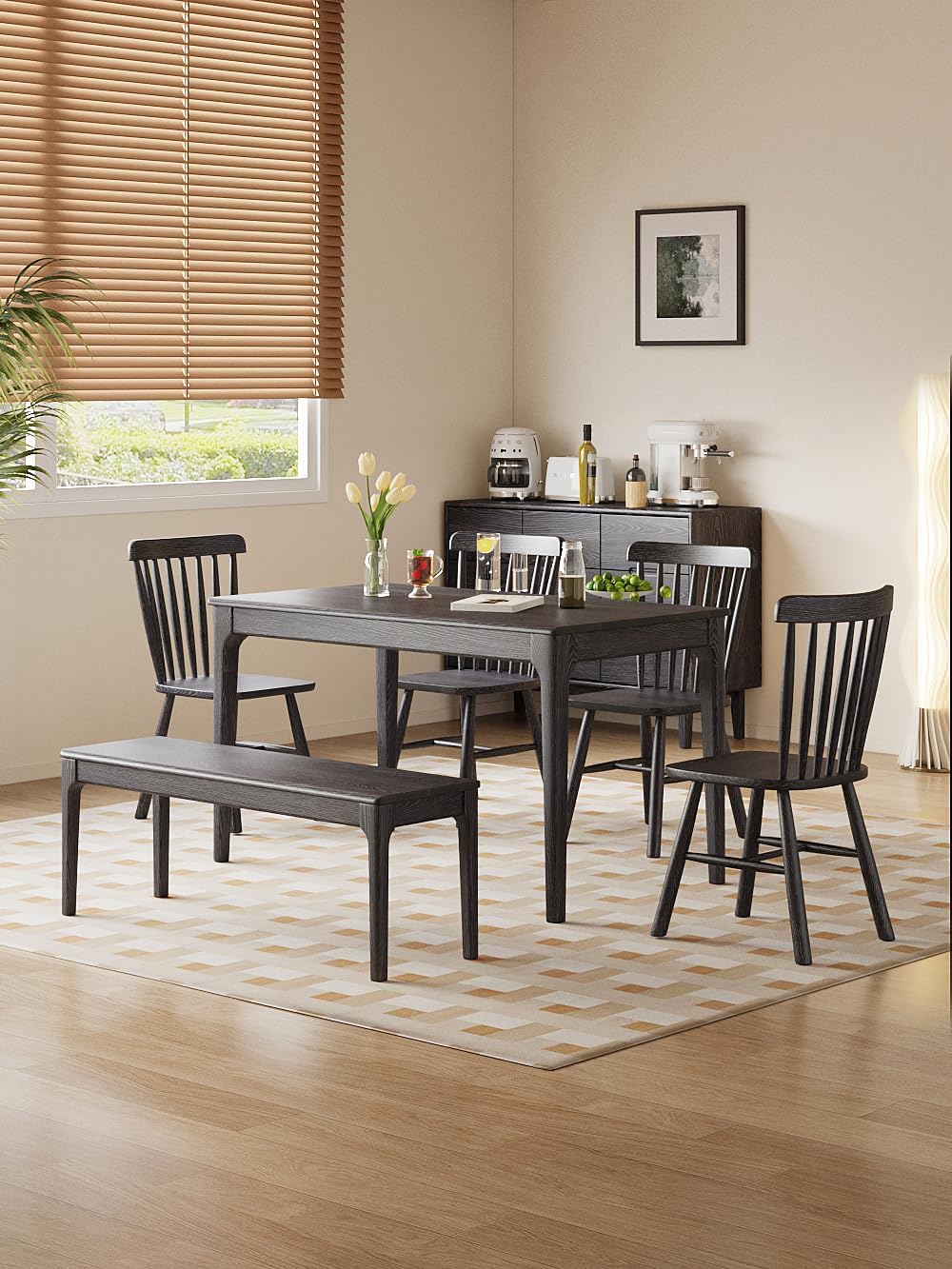 Dining Bench, Wood Bench Solid Oak Wooden Bench Indoor Dining Room Table Home Bedroom Bed End Restaurant Modern Hallway Furniture (Black, 60" W x 13.8" D x 17.7" H)