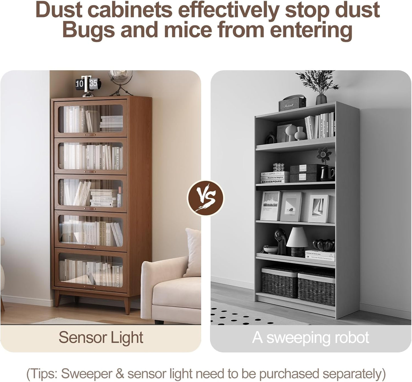 Solid Wood bookcase 5 Tier with Tempered Glass Flip-Up doors, 72Hx13.7Dx32W"Bookshelves Finish Cube Storage Organizer,Bookshelf Versatile Pantry Cabinet with Storage for Kitchen Home Office