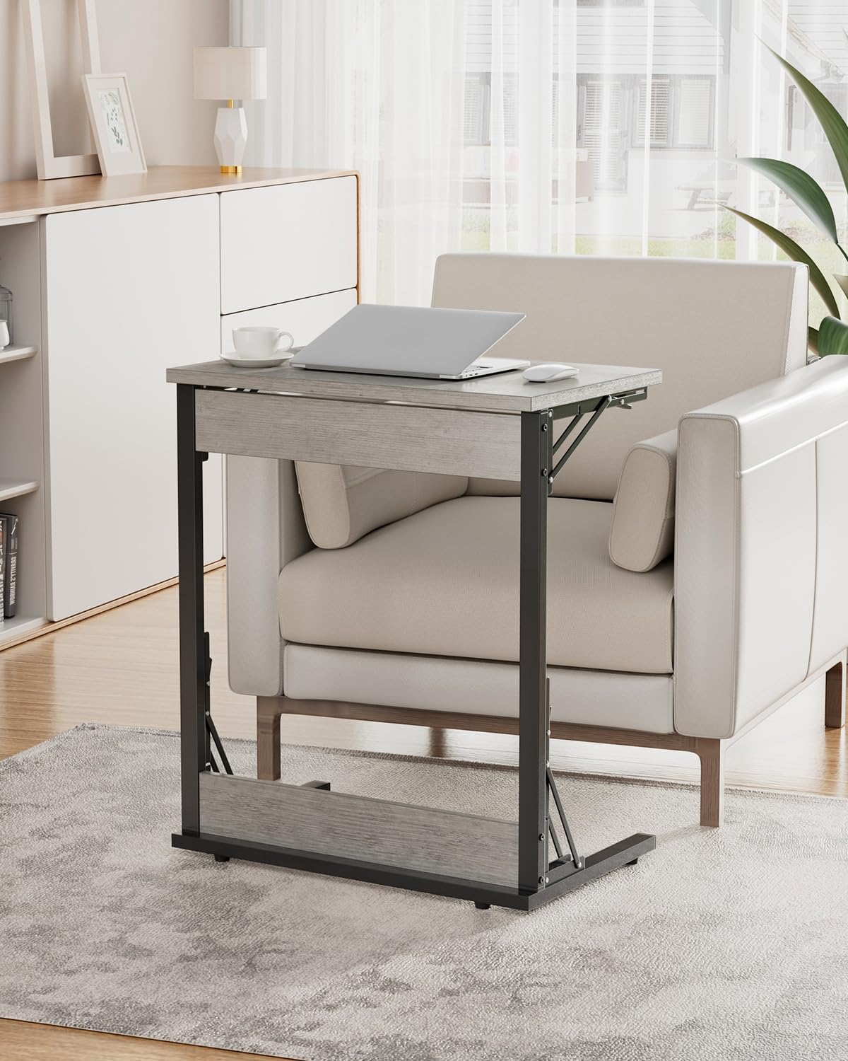 Tatub 24" Wide Folding C-Shaped End Table, Small Side Desk for Couch, Sofa TV Tray Table with Metal Frame for Living Room, Bedroom, Ivory White