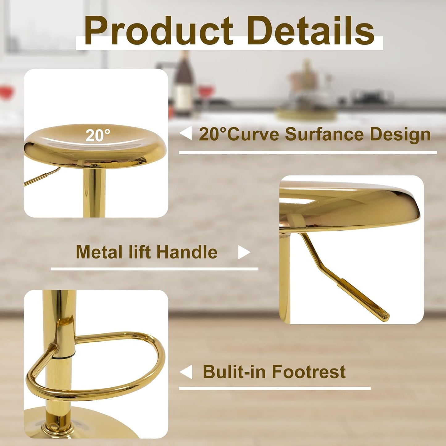 Bar Stools - 2 Pack, Adjustable Swivel Height Counter Bar Stool, Modern Metal Barstools, Backless Barstool for Bar, Kitchen Island, Pub, Gold