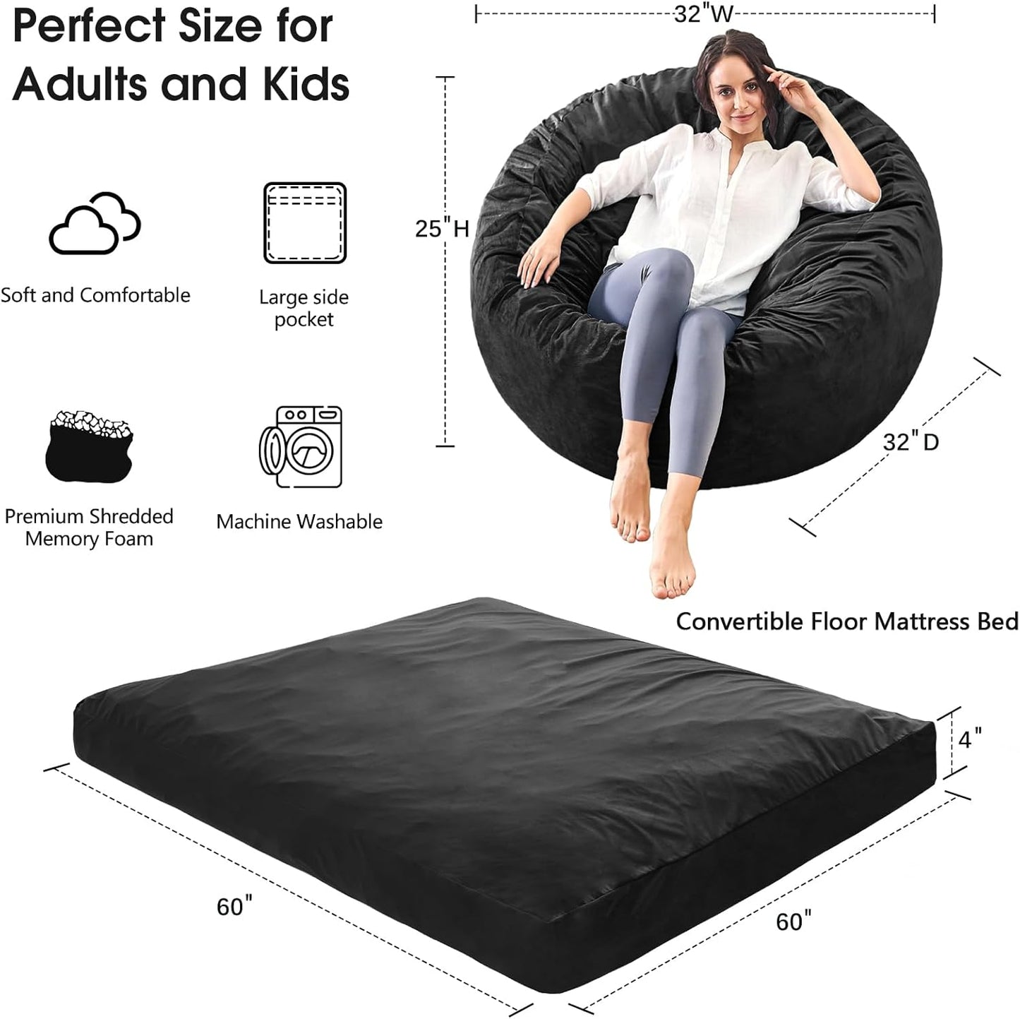 Bean Bag Chairs for Teens - Bean Bag Chair Convertible Bean Bag Bed - Small Beanbag Chair with Micro Fiber Cover/Furniture Foam Filler - Bean Bag Couch Sofa in Bedroom Dorm Room - Youth Carbon Black