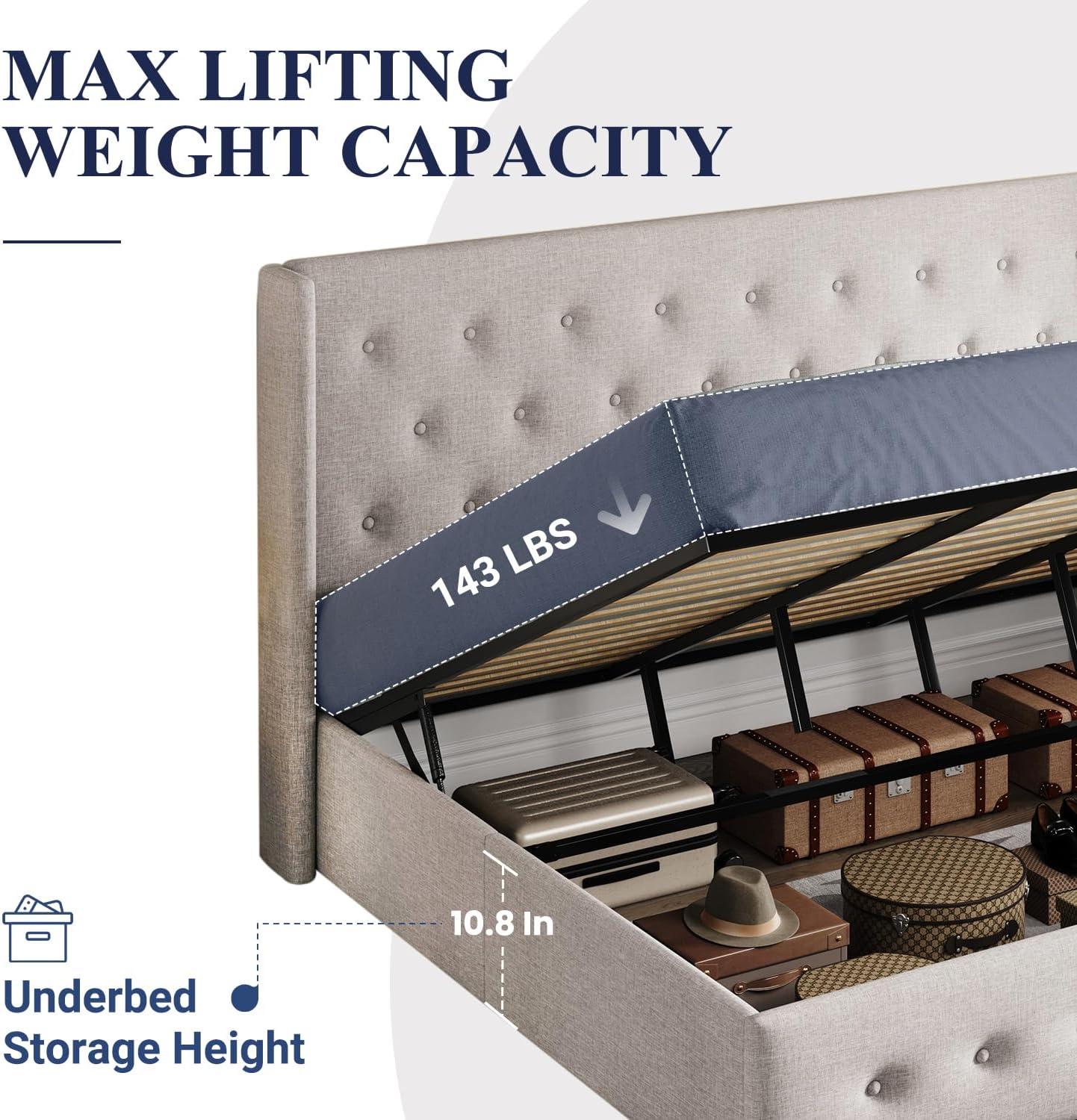 Allewie King Size Lift Up Storage Bed, Button Tufted Headboard with Wingback, Hydraulic Support, No Box Spring Needed, Light Beige