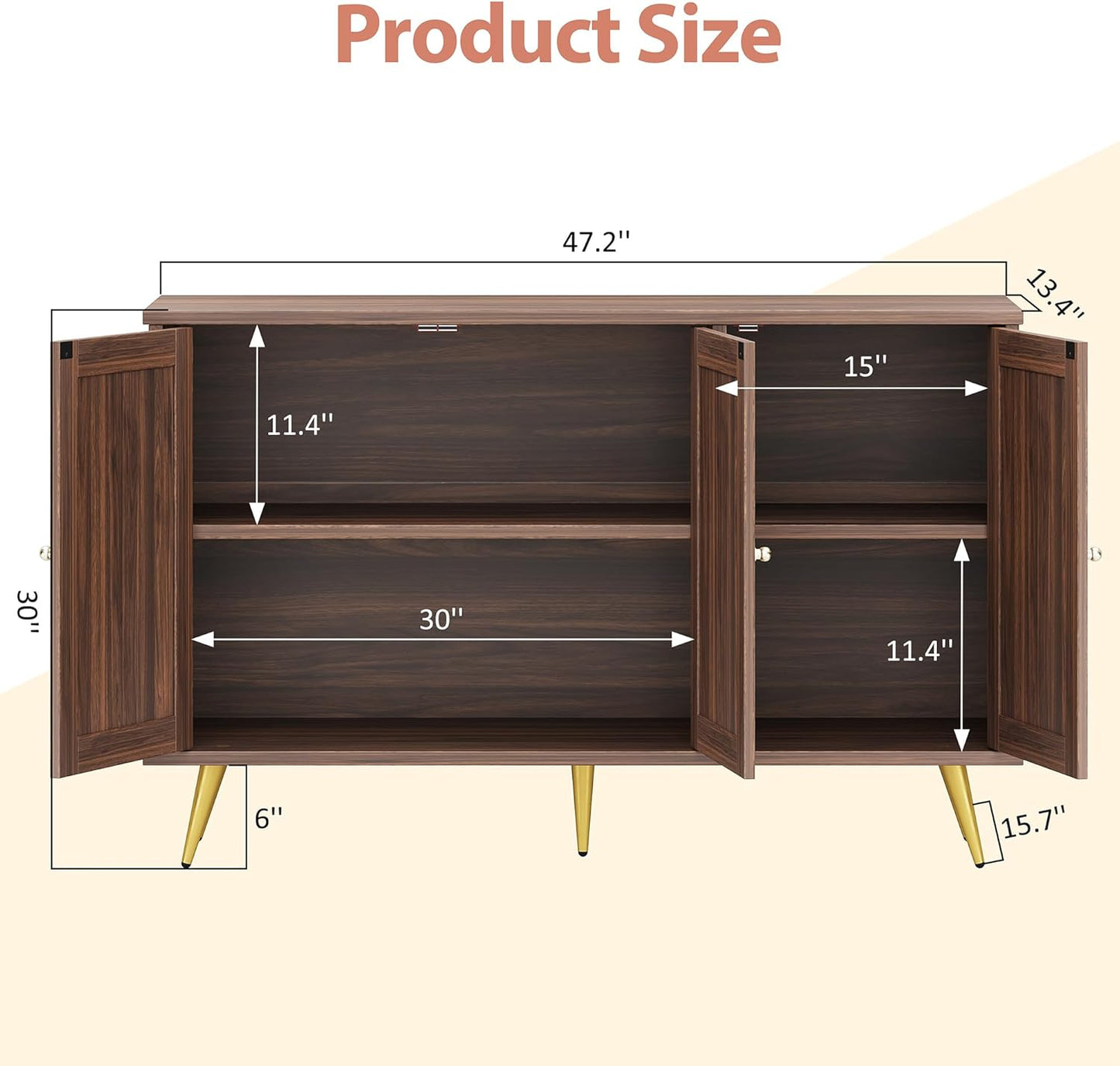 Shintenchi Large Rattan Storage Cabinet, Modern Sideboard Cabinet, Accent Large Storage Space Cabinet with Rattan Decorated Doors for Living Room, Dining Room, Brown