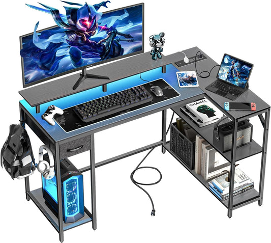 47" L Shaped Computer Desk with Power Outlet & LED Light, Gaming Desk with Hook & Monitor Stand, Reversible L Shaped Desk with Drawer and Storage Shelves for Home Office