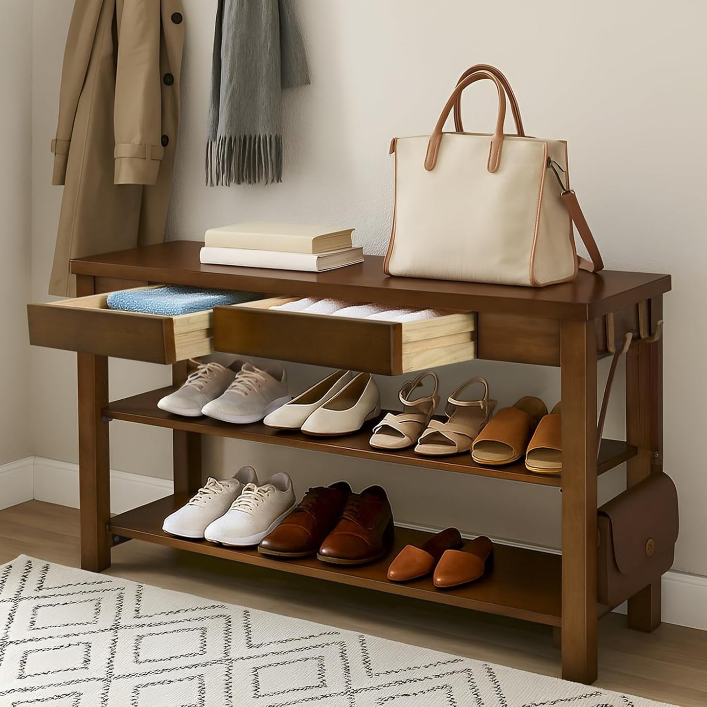 Wood Shoe Bench Entryway with Drawer: 2-Tiers Wooden Storage Shoe Rack with Bench Seat, Compact Mid-Century Modern Design for Entryway, Hallway,Closet,Front Door Entrance,Foyer Walnut 39.3"