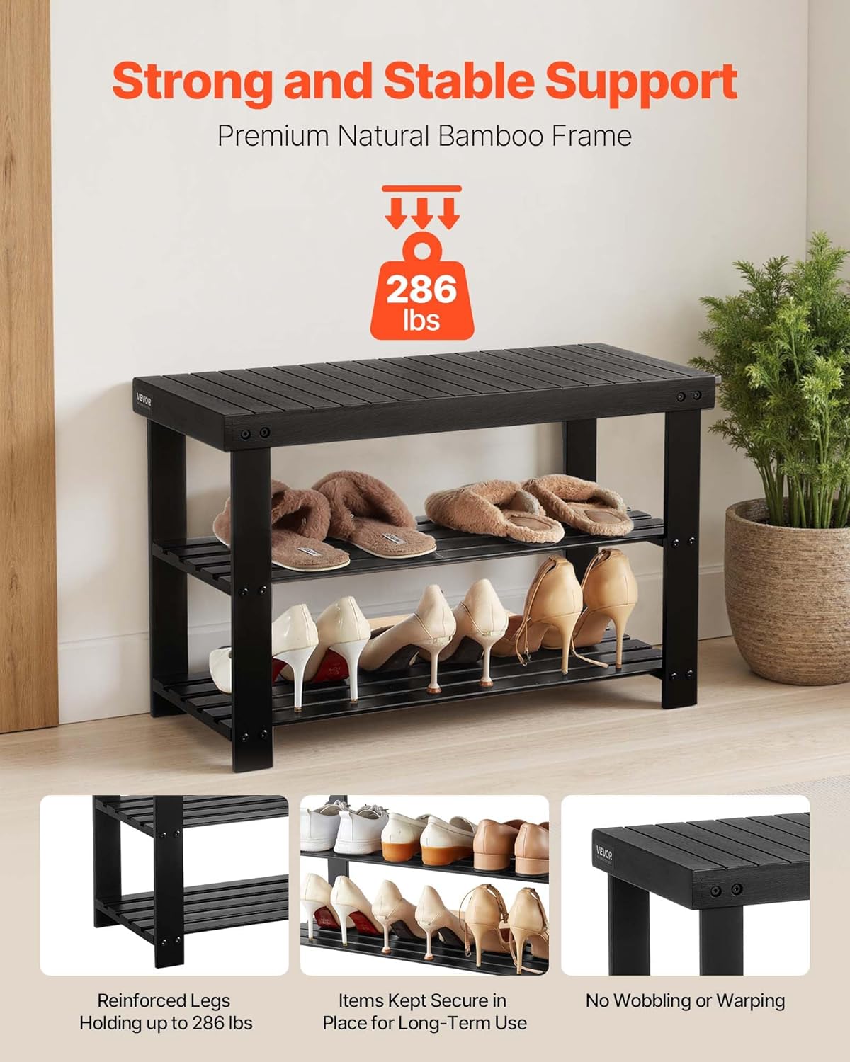 VEVOR Shoe Rack Bench, 3-Tier Bamboo Entryway Bench, Shoe Storage Organizer Holds Up to 286 lbs, 27.6 x 11.3 x 17.8 Inches, for Front Door, Hallway, Living Room, Bedroom, Black