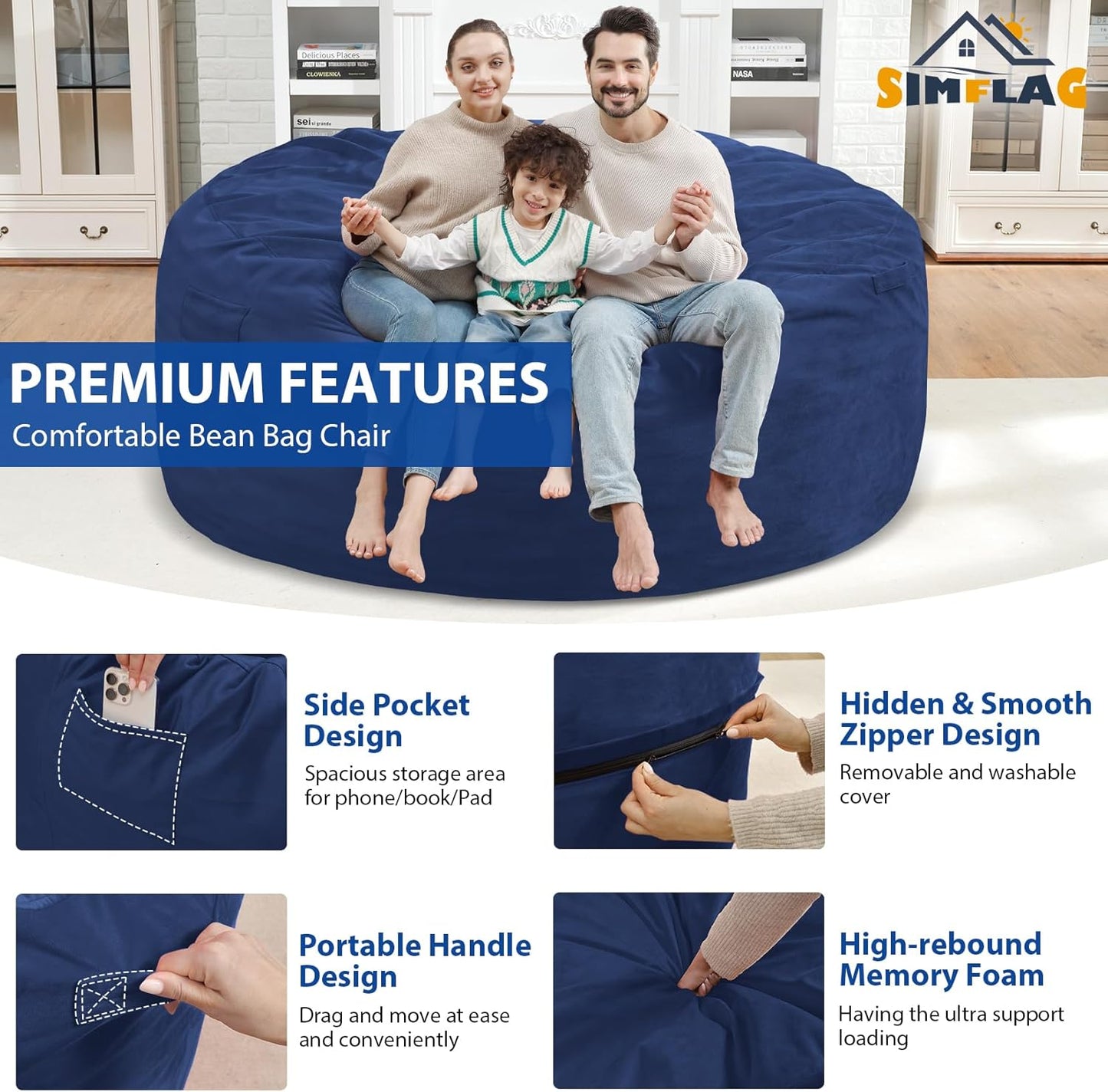 6FT Bean Bag Chair, Large Bean Bag Chairs with Memory Foam Filled, Fluffy Beanbag Sofa with Dutch Velvet Cover, Round BeanBag Chairs for Living Room, Playroom - Blue