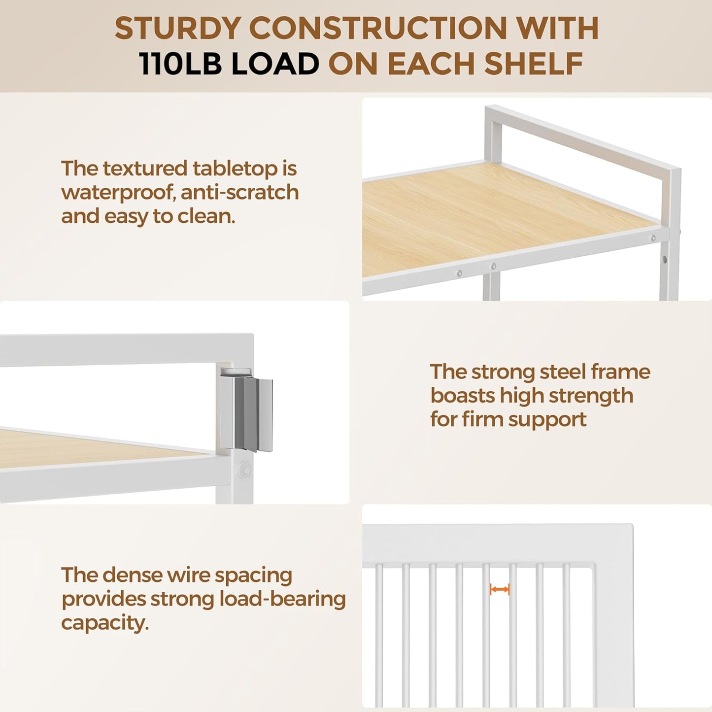 3-Tier Metal Storage Rack with Industrial Wheels,Mesh Shelving Unit with Wooden Table top,Adjustable Shelf,23.6-Inch Width,15.8-Inch Depth, for Kitchen, Laundry,Pantry,Plant,white