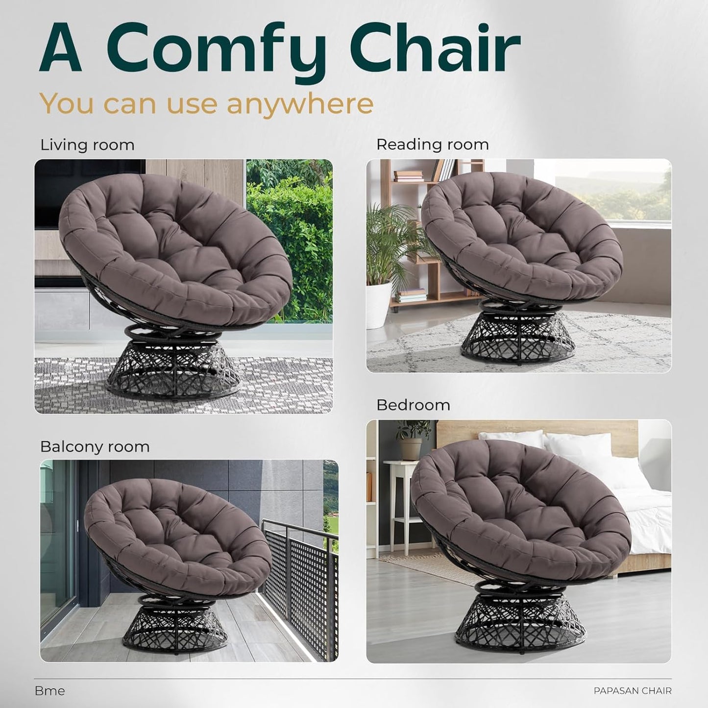 Bme 40" Ergonomic Wicker Papasan Chair with Soft Thick Density Fabric Cushion, High Capacity Steel Frame, 360 Degree Swivel for Living, Bedroom, Reading Room, Lounge, Smoky Quartz - Black Base