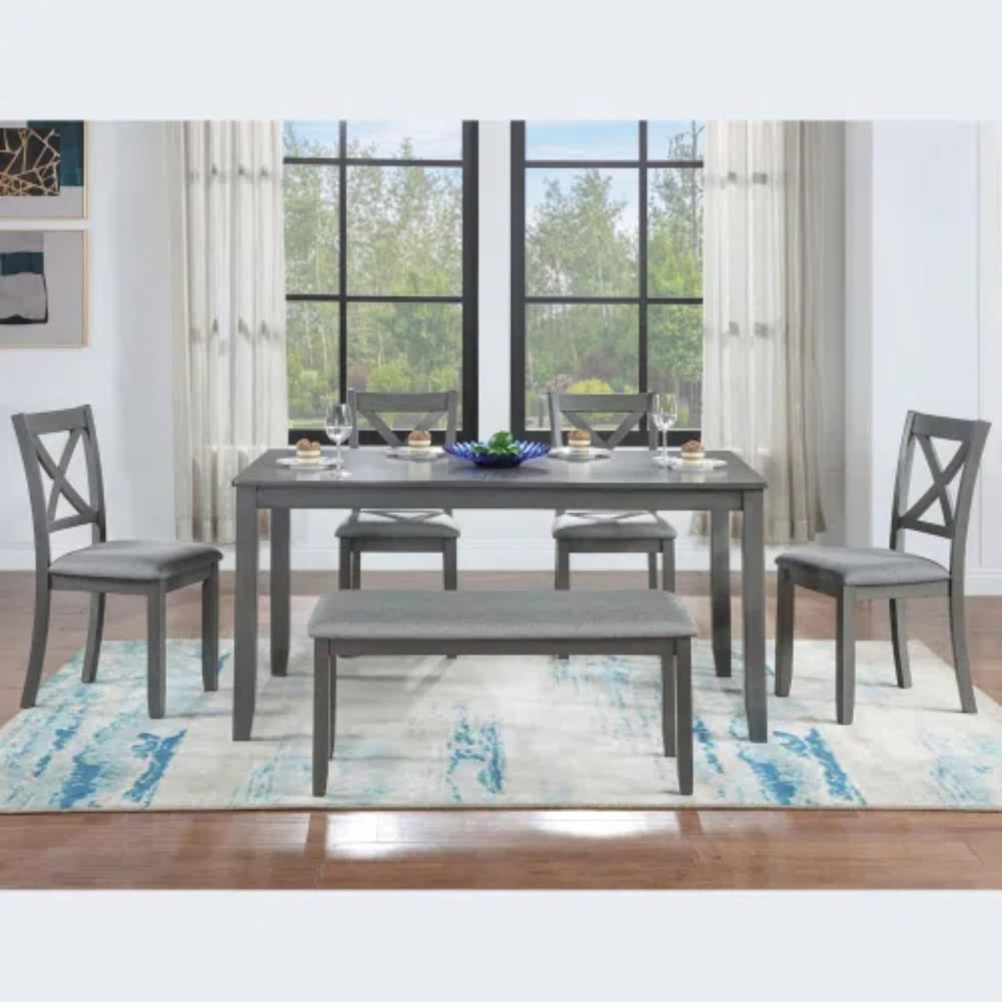 6-Piece Dining Table Set for 4-6 People, Kitchen Set with 4 Upholstered Chairs and One Bench, Living Room Chairs with X-Shape Backrest, Rectangular Wooden Table for Home Bar and Kitchen, Gray
