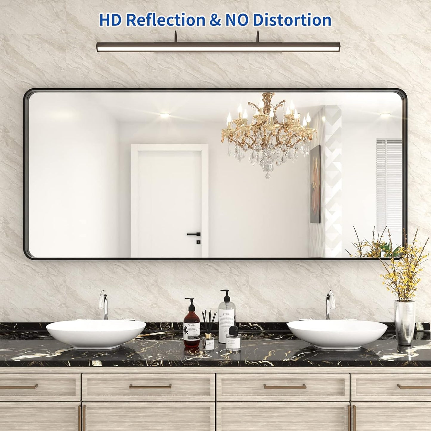 WEER Black Metal Framed Mirror 72X32 Inch, Black Bathroom Vanity Mirror, Rounded Rectangle Matte Black Bathroom Mirror for Wall, Tempered Glass, Anti-Rust, Hangs Horizontal or Vertical