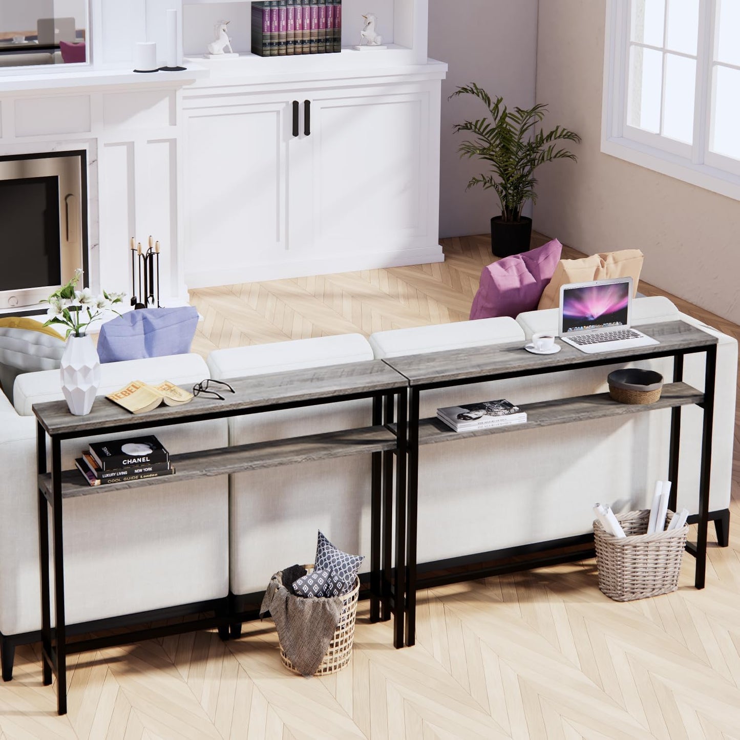 Narrow Console Table, 39.4” Sofa Table with Adjustable Shelf, 2-Tier Long Skinny Table for Hallway, Entryway, Living Room, Foyer, Grey