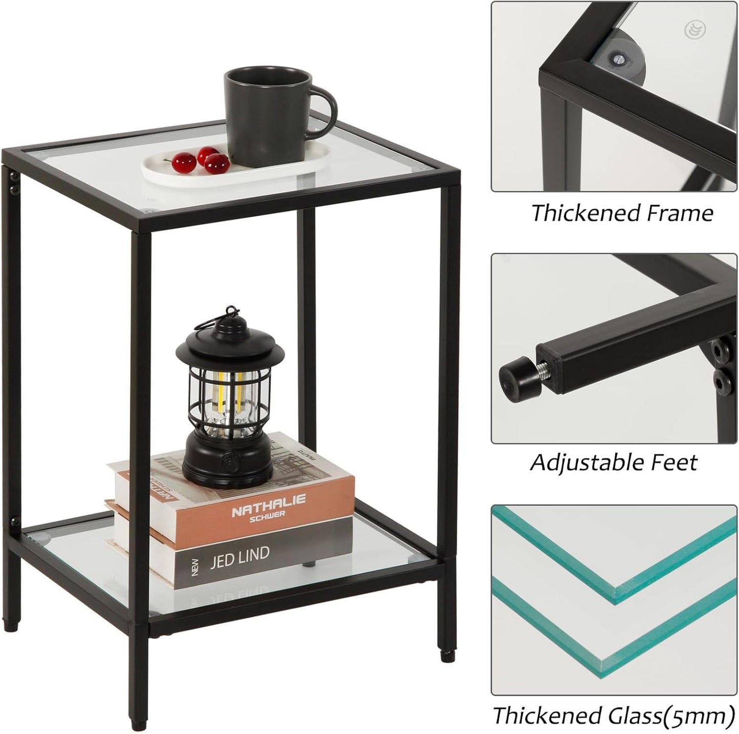 Modern 2-Tier Tempered Glass End Table - Stylish Black Metal Side Table for Small Spaces, Perfect for Living Room & Bedroom (Black, 1PCS)