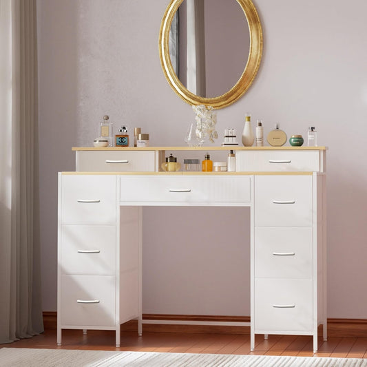 Dresser for Bedroom with 9 Drawers & 2 Open Shelves, Fabric Storage Dresser, Chest of Drawers, Long Dresser for Closet, Wooden Top & Metal Frame, Classic White