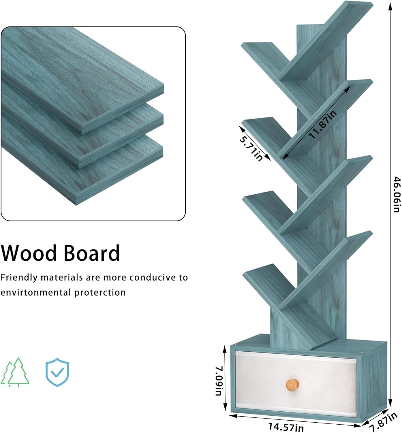 8 Tier Tree Bookshelf with Drawer, Free Standing Wood Bookcase for Narrow Space, Storage Organizer Bookshelves for Books, Book Case for Home Office, Living Room, Bedroom, Navy Blue