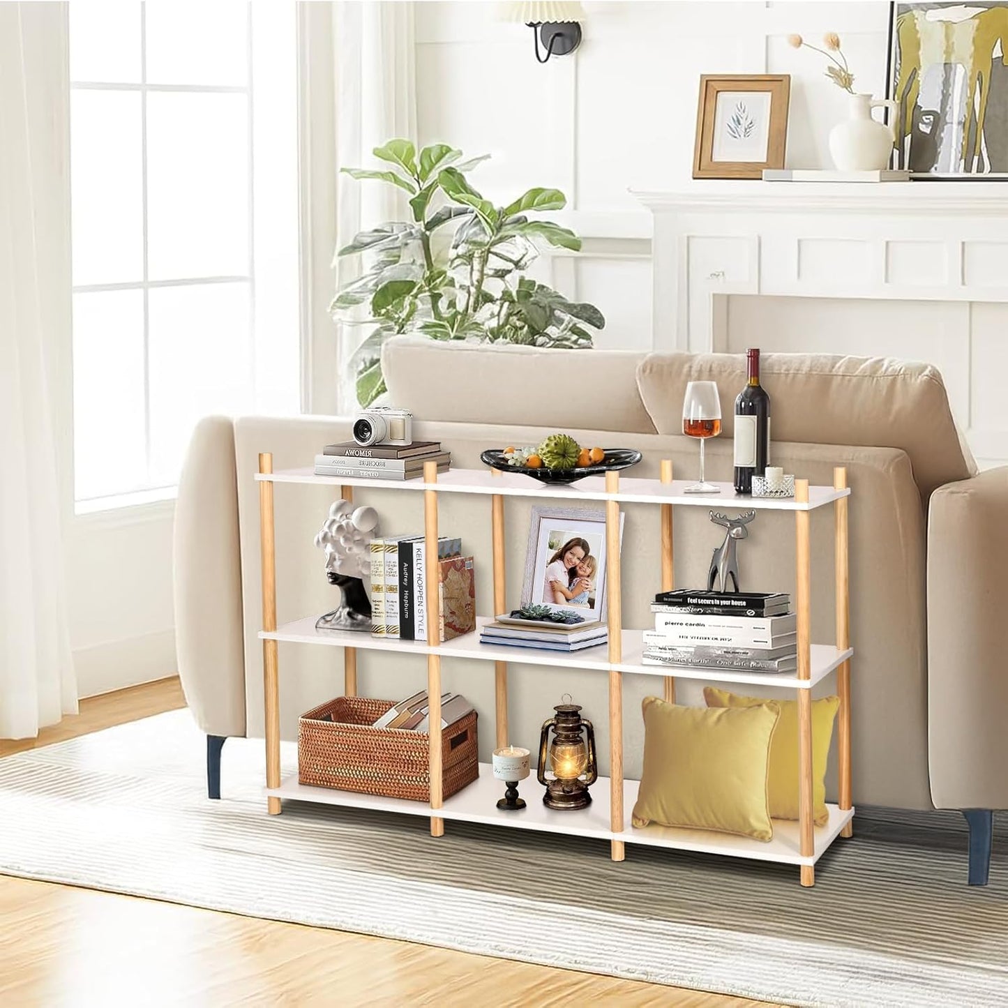 YGYQZ 3 Tier Short Book Shelf, Wood Shelves with Open Back Long Horizontal 6 Cube Storage Shelf Book Shelves for Office, Living Room, Bedroom, Rustic Shelf (White)