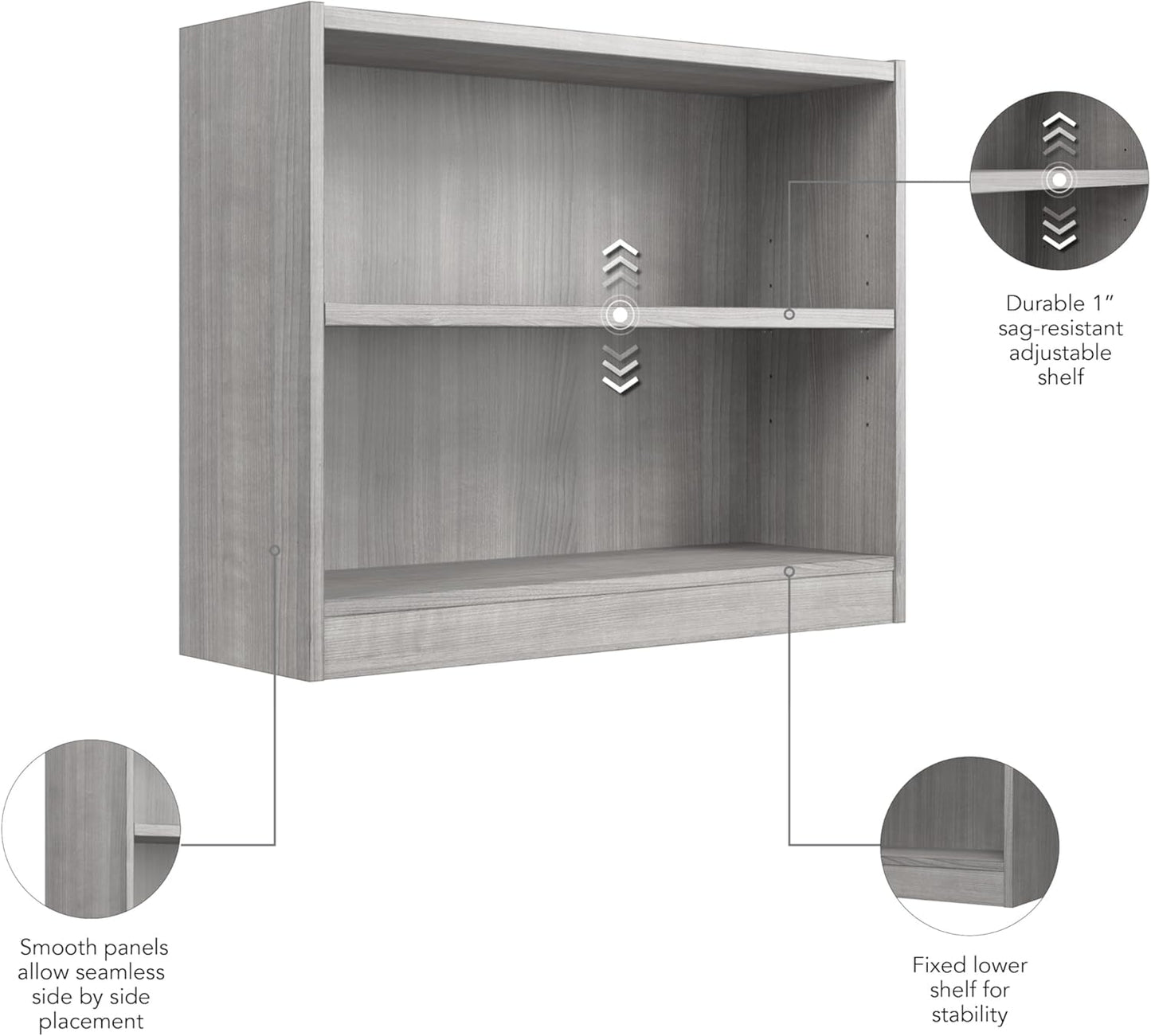 Bush Furniture Universal Small 2 Shelf Bookcase in Platinum Gray, Low Storage and Display Bookshelf for Home Office or Living Room Organization