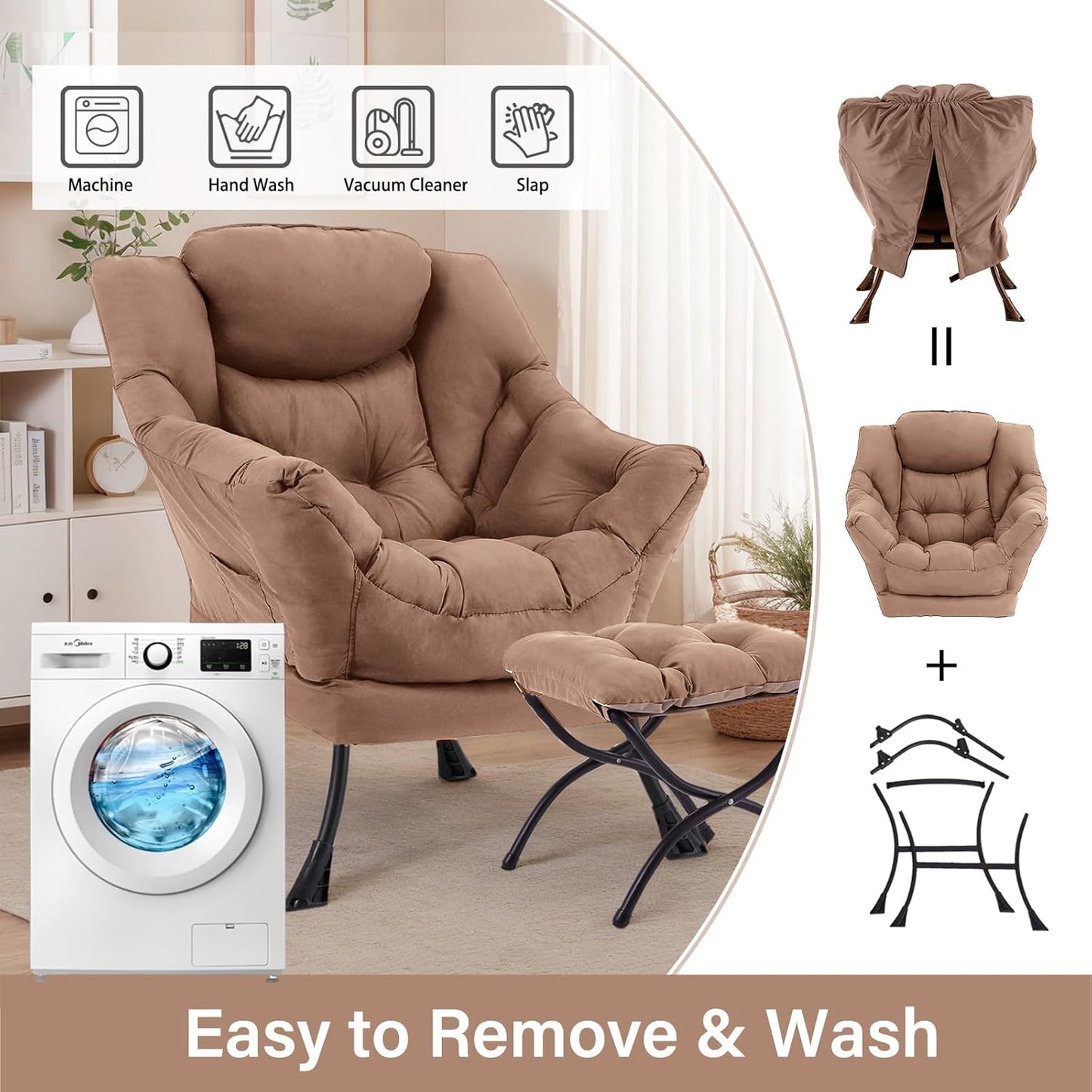 Large Lazy Chair with Ottoman, Accent Reading Chair with a Footrest, Cozy Lounge Armchair, Leisure Sofa Armchair for Living Room, Bedroom, Dorm Room, Office