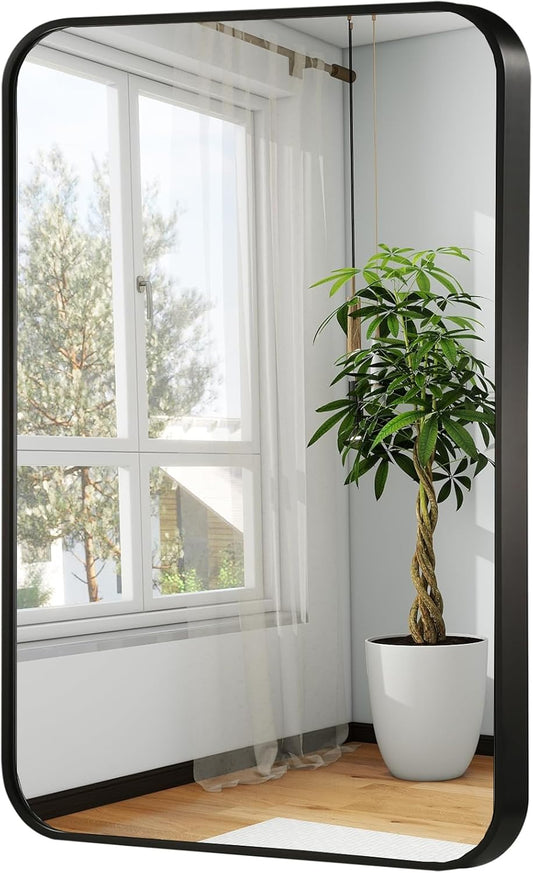 24x36 Inch Black Wall Mirror for Bathroom, Brushed Metal Framed Mirror with Rounded Corner, Rectangle Bathroom Vanity Mirror for Bedroom or Living Room, Horizontal/Vertical