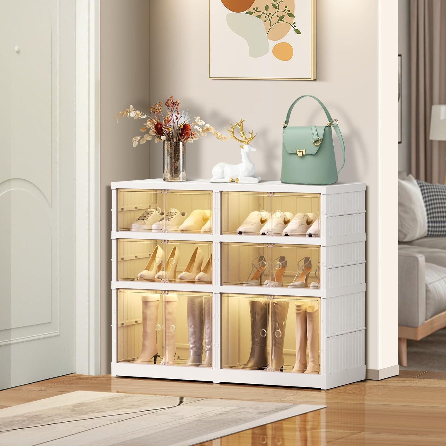 3 Tier Foldable Shoe Rack Organizer for Closet 6-12Pairs Plastic Collapsible Shoe Racks Shelf for front door entrance Stackable Clear Folding Shoes Storage boxes XLarge Storage Cabinet