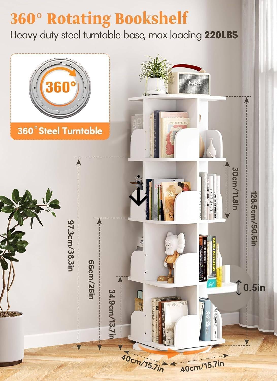 Rotating Bookshelf Tower, 4 Tier Small Spinning Corner Bookshelf for Small Spaces, 360 Display Kids Bookshelves Floor Standing Bookcase Storage Rack Wood Book Shelf Organizer for Bedroom Room, White
