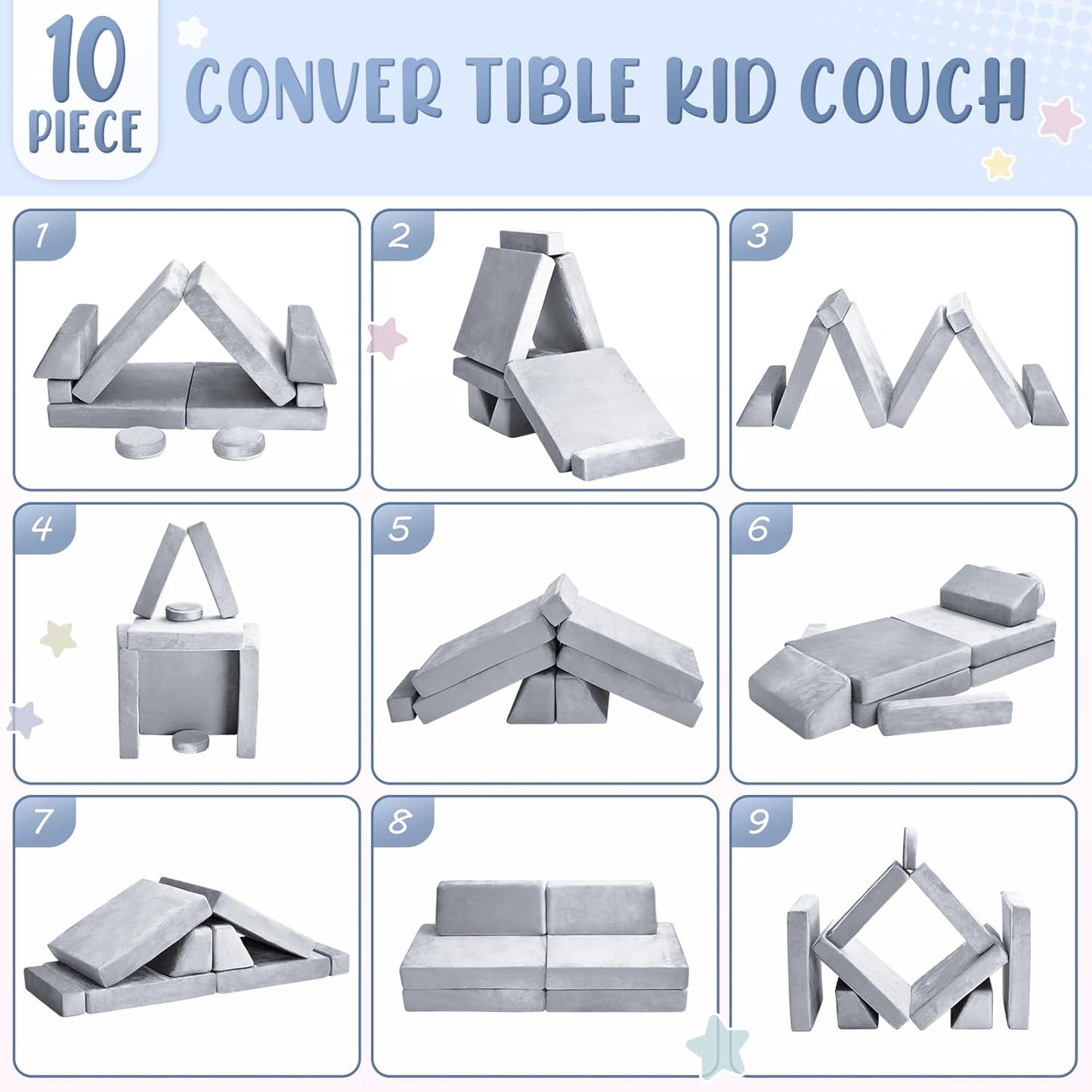 10Pcs Kids Play Couch,Toddler Sofa,Modular Kids Couch for Playing, Creativing, Sleeping (Grey)