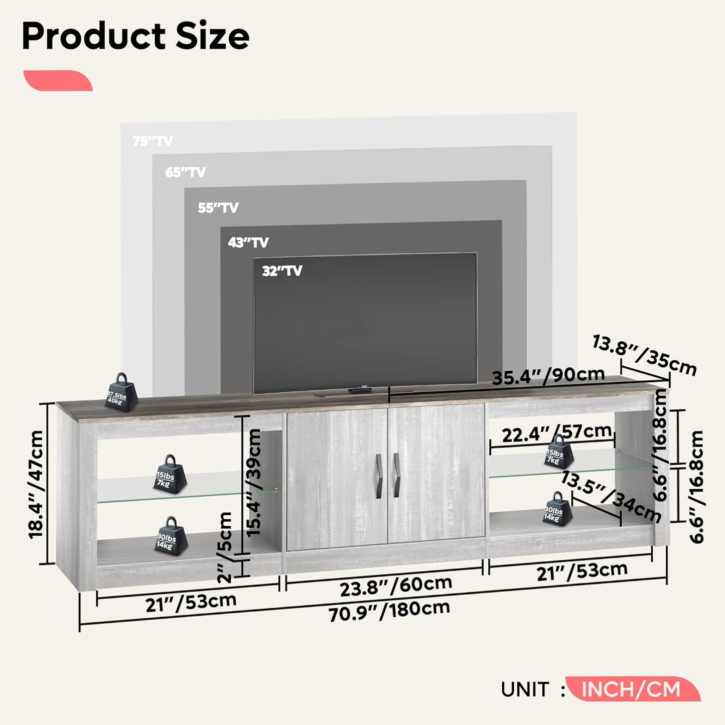 Bestier 70 Inch Led TV Stand for 75 Inch TV Large Entertainment Center Gaming with Adjustable Glass Shelves Two Cabinets Modern TV Console for Living Room 22 RGB Modes, Wash White