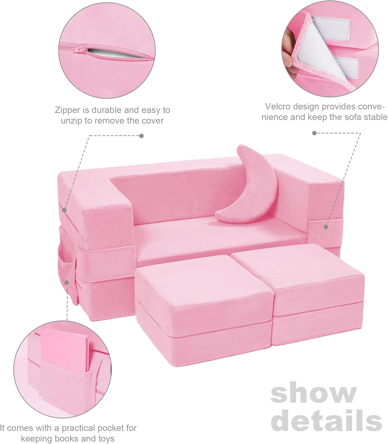 Modular Kids Sofa,Toddler Couch Foam Armchair for Kids, Children Convertible Plush Sofa Play Set,Fold Out SofaBed(Pink)