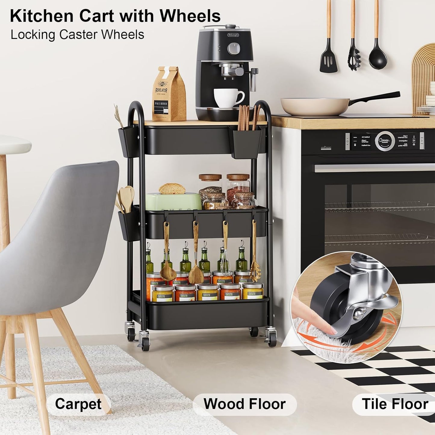 3 Tier Metal Rolling Cart with Wheels and Wooden Table Top, Three Tiered Craft Cart Organizer on Wheels, Black Storage Utility Carts for Art, Diaper Caddy, Baby Nursery, Office, Laundry, Snack, Book