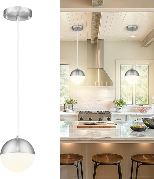 LMS 6-inch Brushed Nickel Pendant Light, Mid Century Kitchen Island Pendant Light Fixtures with White Globe Glass, Adjustable Hanging Light for Dining Room Bedroom Bathroom, LMS-186BNS