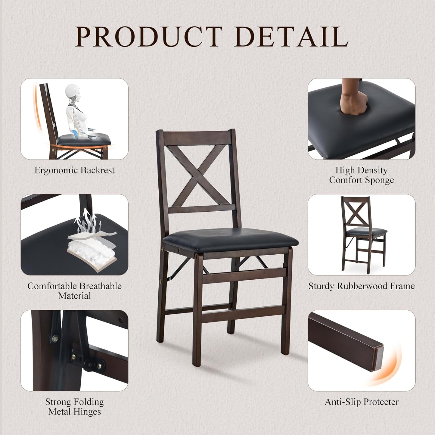 COLAMY Folding Dining Chairs Set of 2, Foldable Chairs with Padded Seats, Wood Folding Dining Room Chairs for Kitchen, Party, Camping, Dark Brown